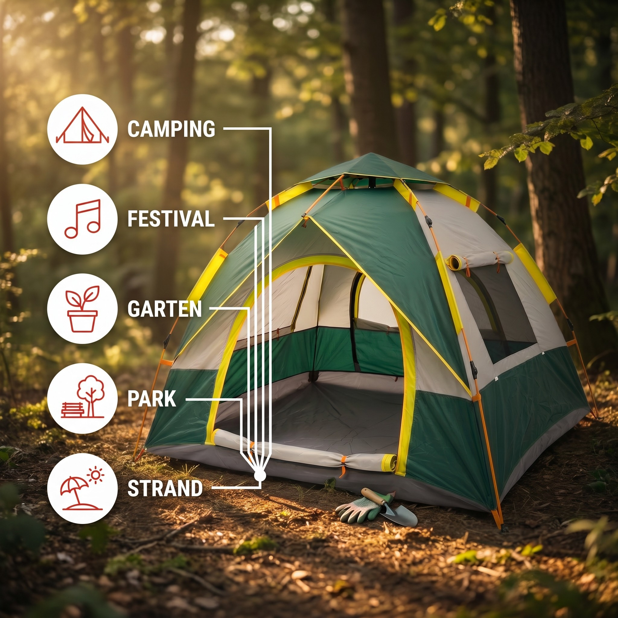 Grünes und graues Zelt im Wald mit Icons für Camping, Festival, Garten, Park und Strand.