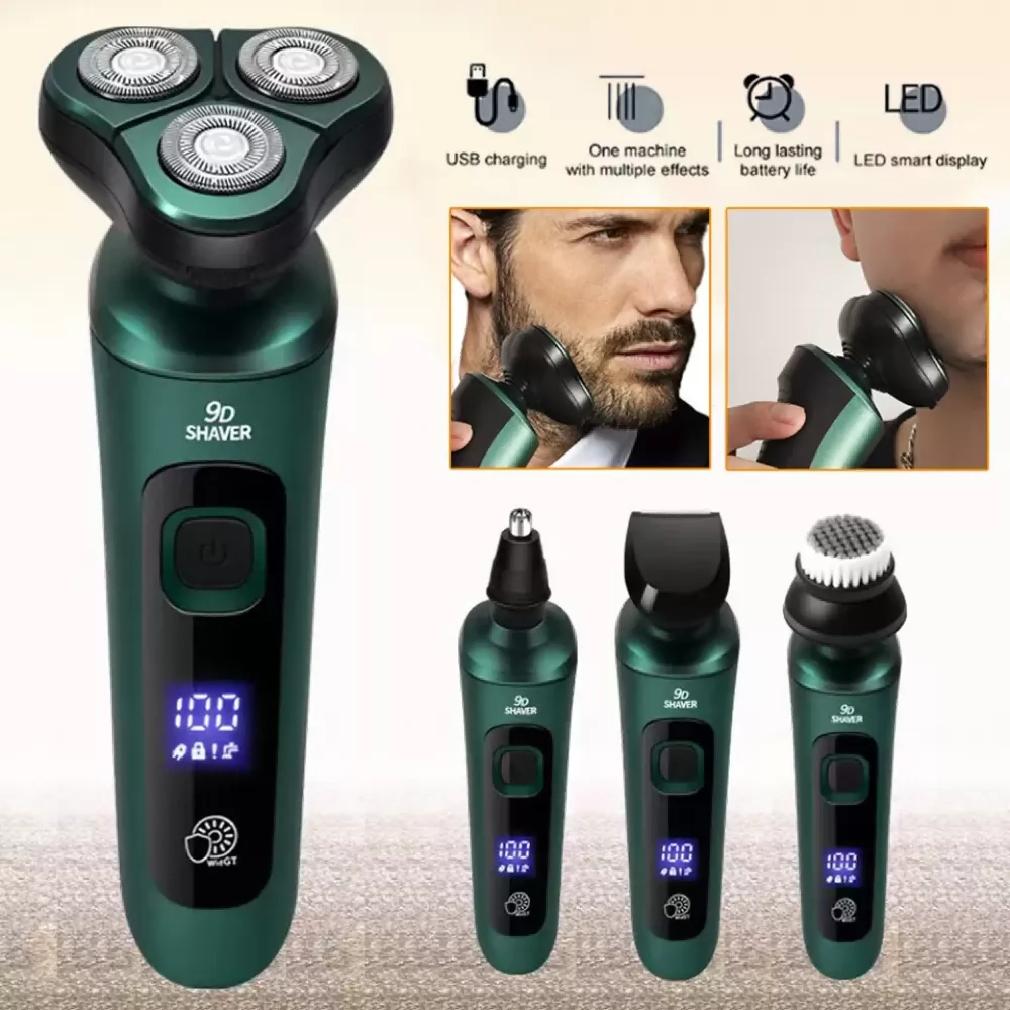 Ein grüner Elektrorasierer mit drei Scherköpfen, Digitalanzeige und drei austauschbaren Aufsätzen.