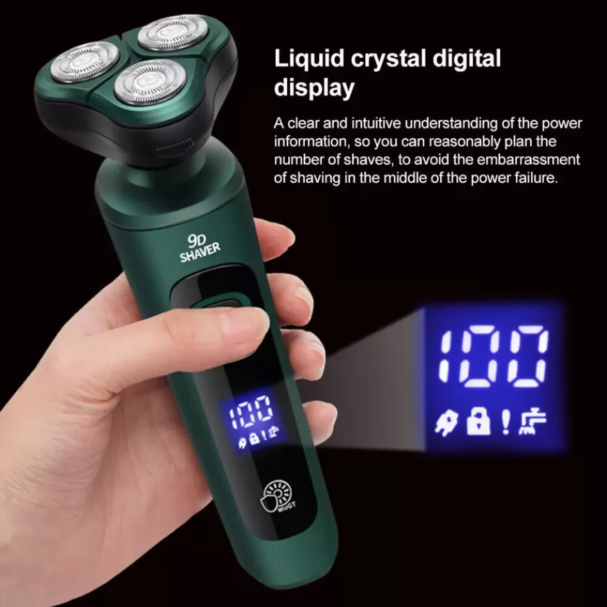 Eine Hand hält einen dunkelgrünen Rasierer mit blauem Display, das 100 Prozent Akkustand anzeigt.