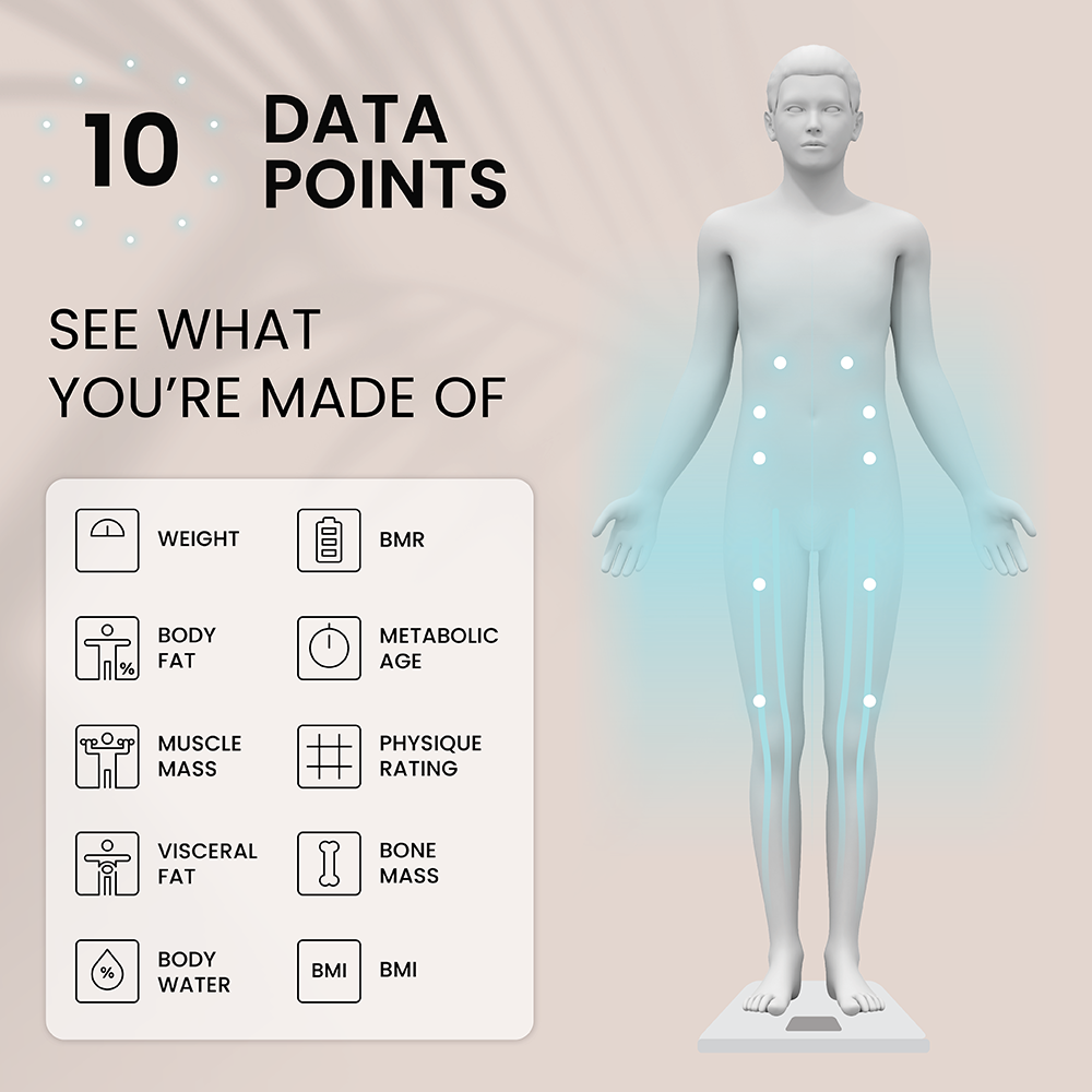 Modèle corporel 3D montrant dix points de données pour le poids, la graisse, les muscles et la santé.
