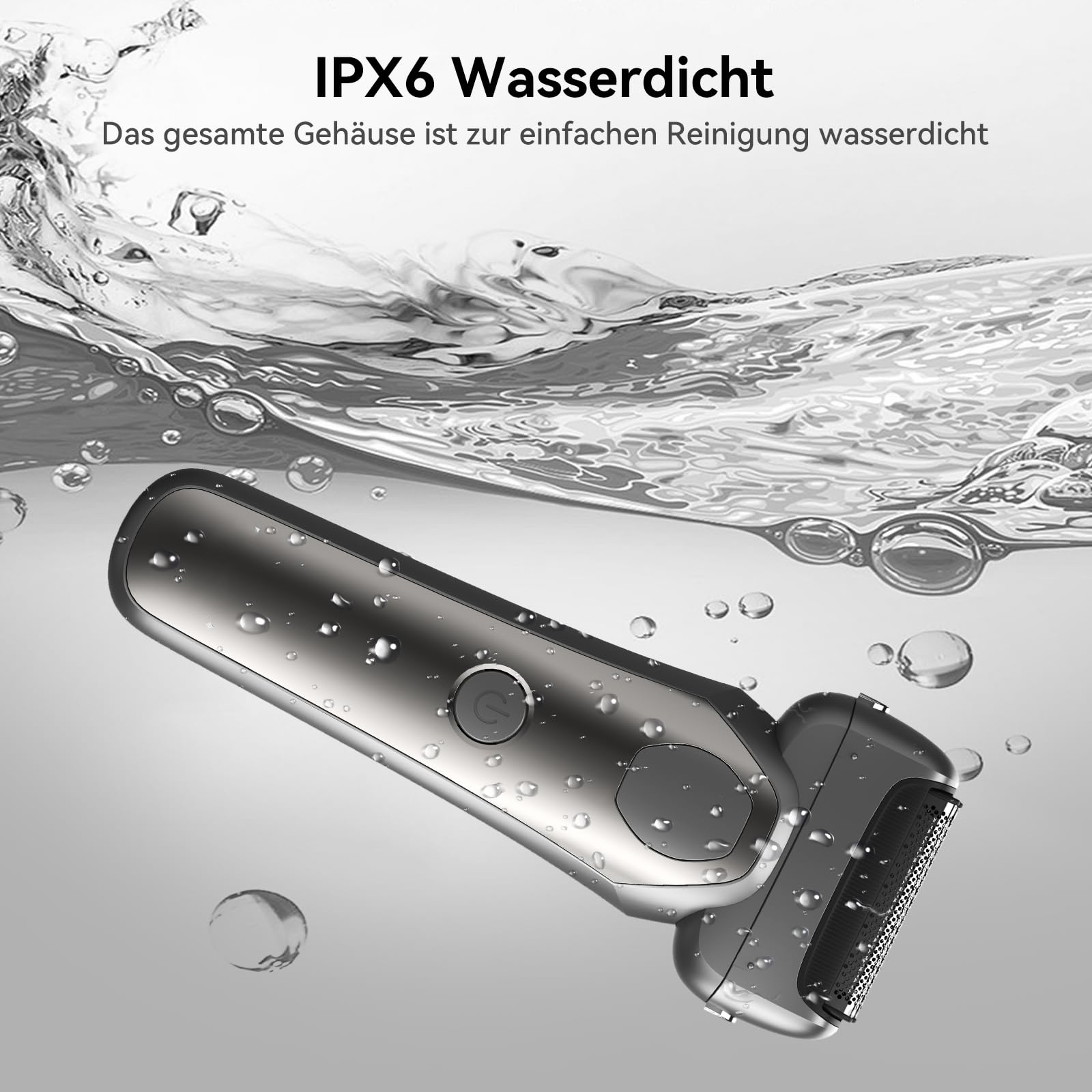 Ein elektrischer Rasierer unter Wasser mit Wassertropfen und Text oben.