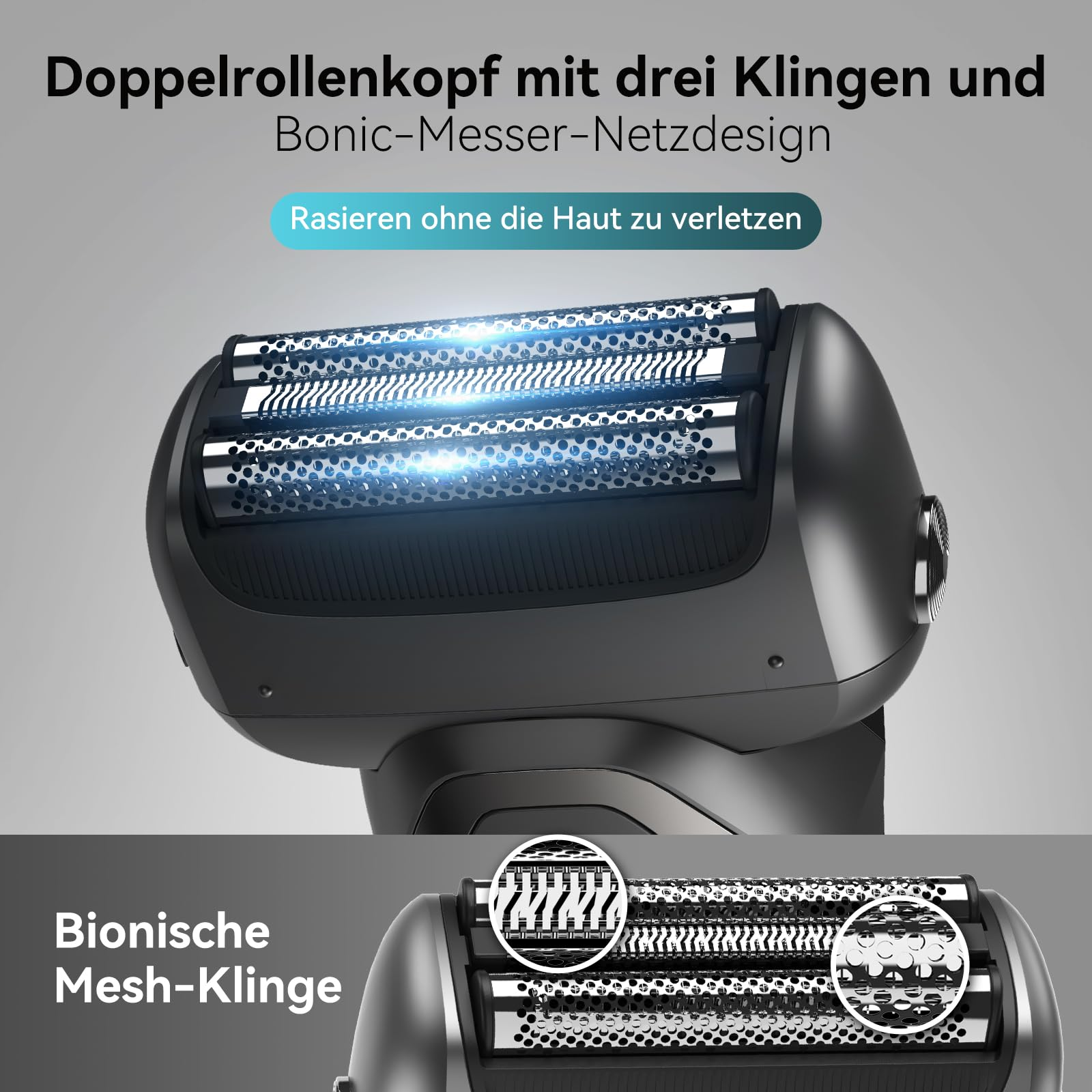 Rasierer mit DoppelrollenKopf und drei Klingen in Nahaufnahme.