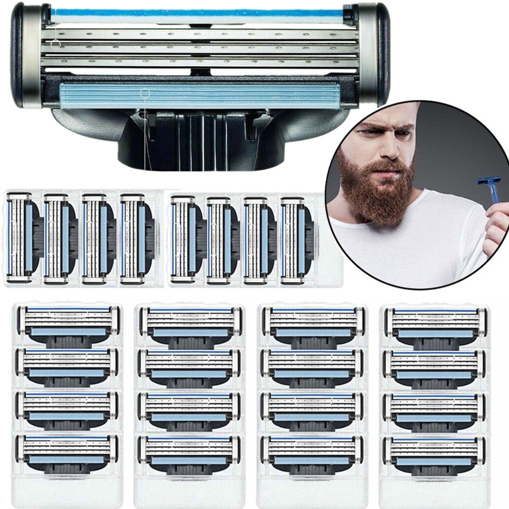 Ein Nahfoto von Rasierklingen und ein Mann mit Bart im Hintergrund.