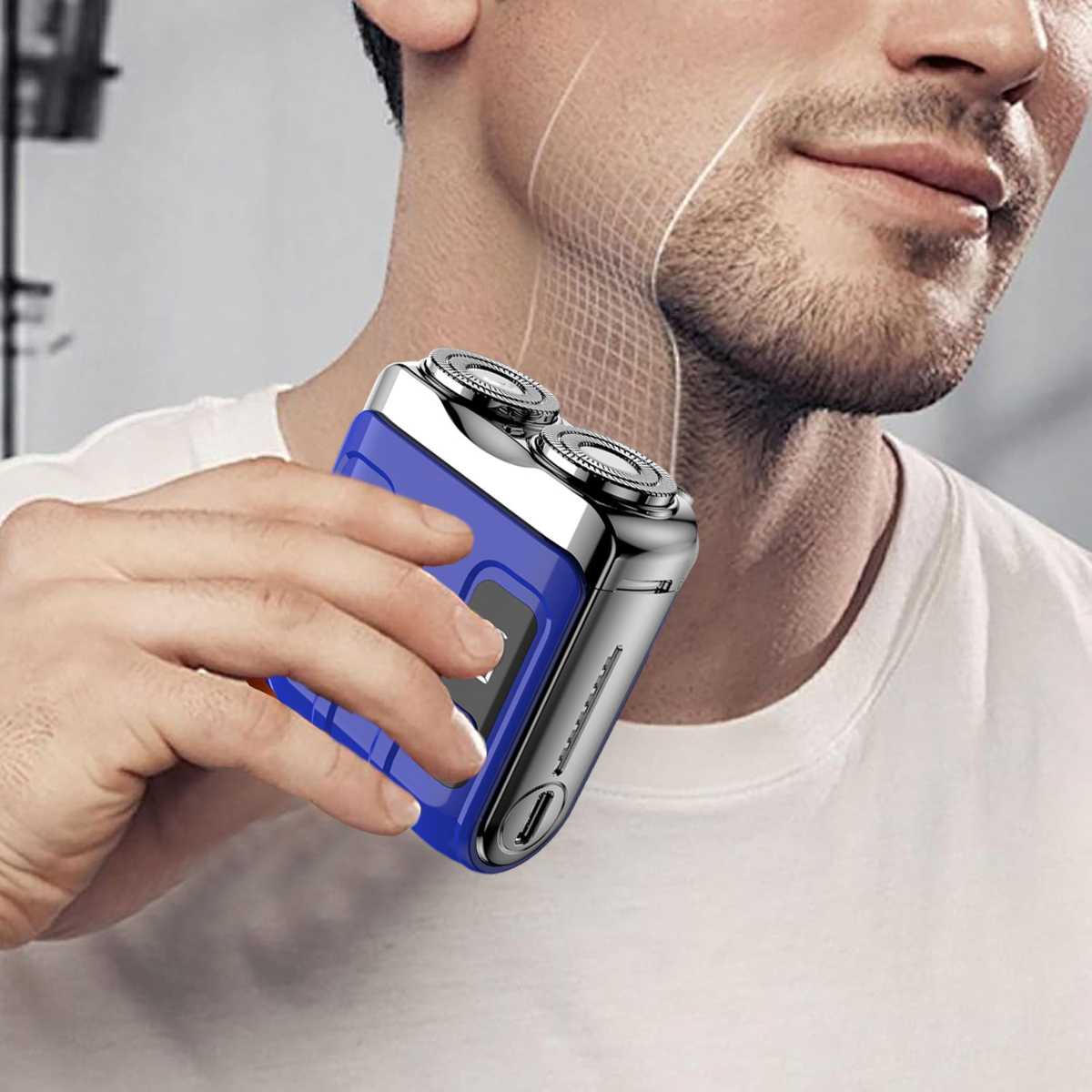 Ein Mann hält einen blauen Elektrorasierer an seinen Hals.