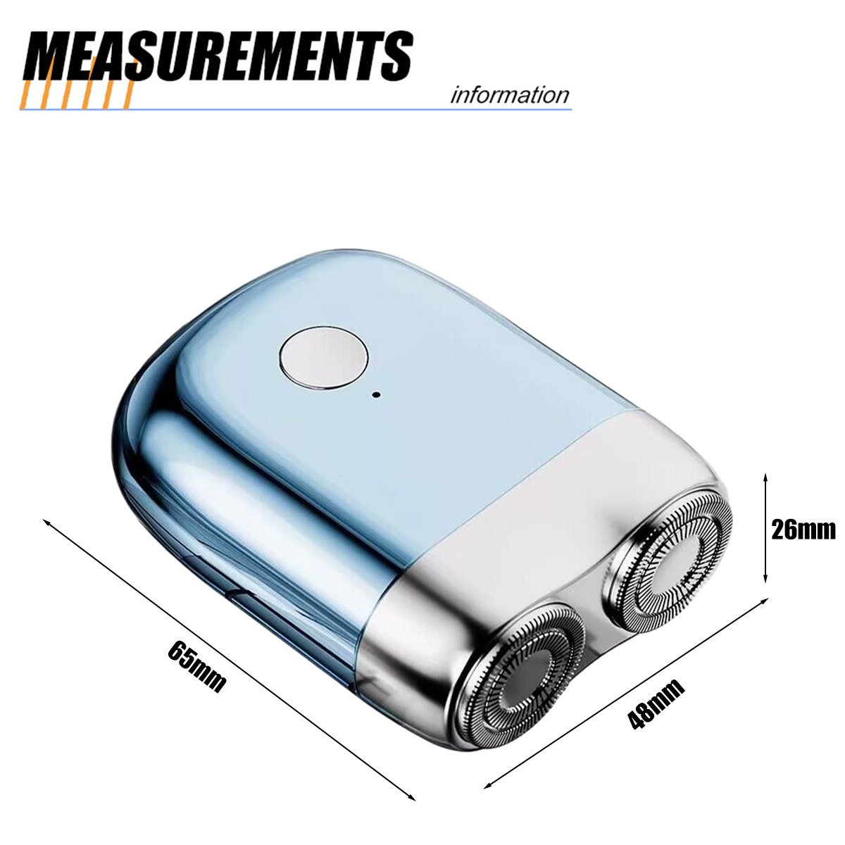 Blauer elektrischer Rasierer mit Größenangaben: 65mm Länge, 48mm Breite und 26mm Höhe.