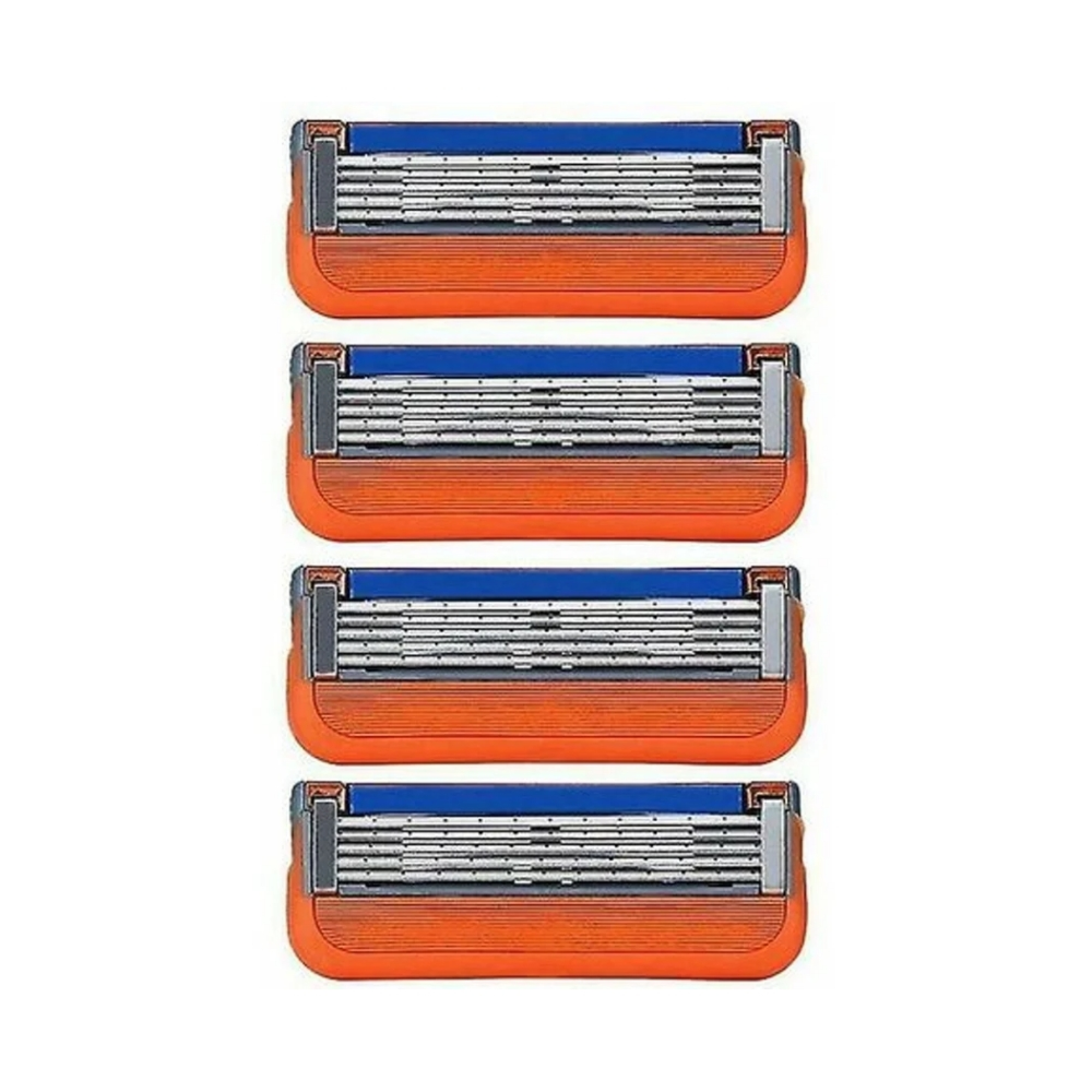 Vier orange-blaue Rasierklingen auf weißem Hintergrund.
