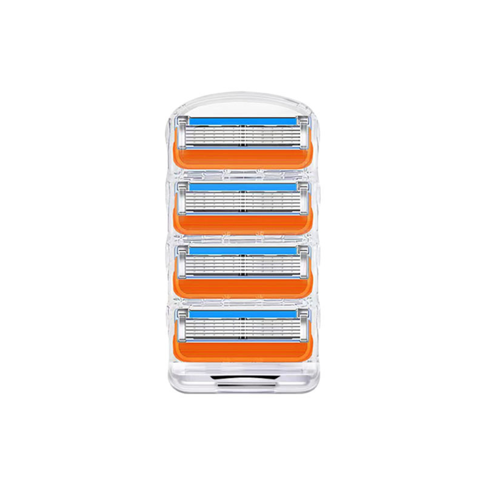 Vier Ersatzklingen in einem transparenten Kunststoffhalter mit blauen und orangen Akzenten.