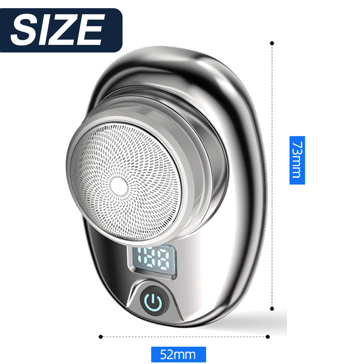 Silberner Mini-Rasierer mit digitalem Display, Maße 73 mm Höhe und 52 mm Breite.