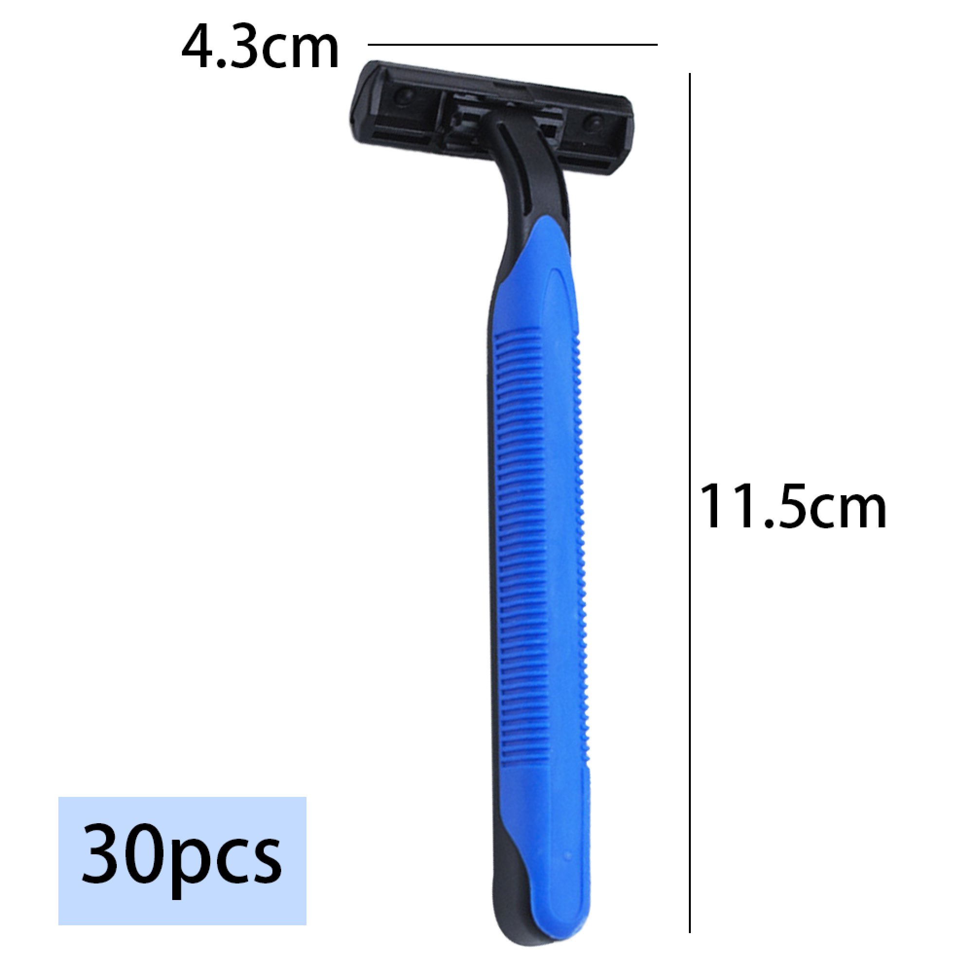 Ein blau-schwarzer Einwegrasierer mit Maßen 4,3x11,5 cm, 30 Stück.