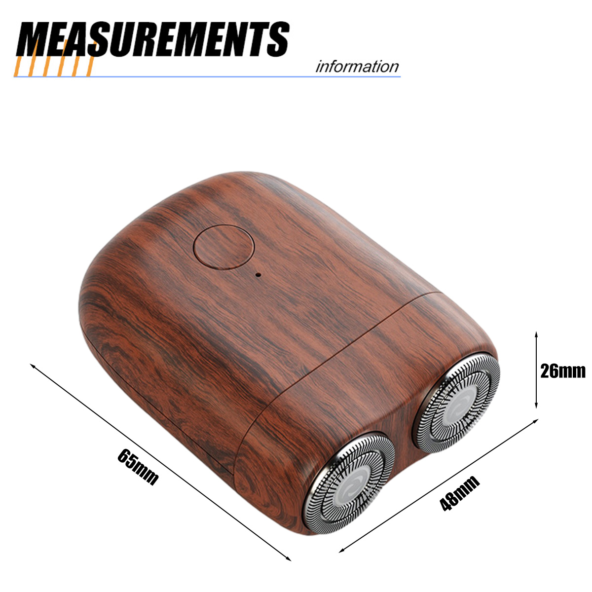 Holzmaserung-Rasierer mit Abmessungen: 65 mm Länge, 48 mm Breite und 26 mm Höhe.