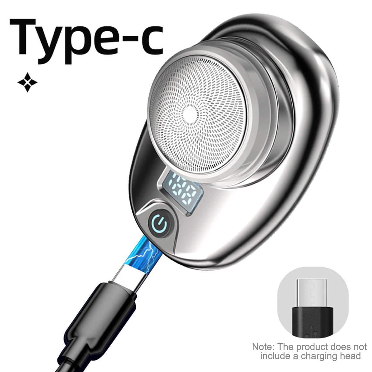 Glänzender elektrischer Rasierer mit Type-C-Kabel und Digitalanzeige.