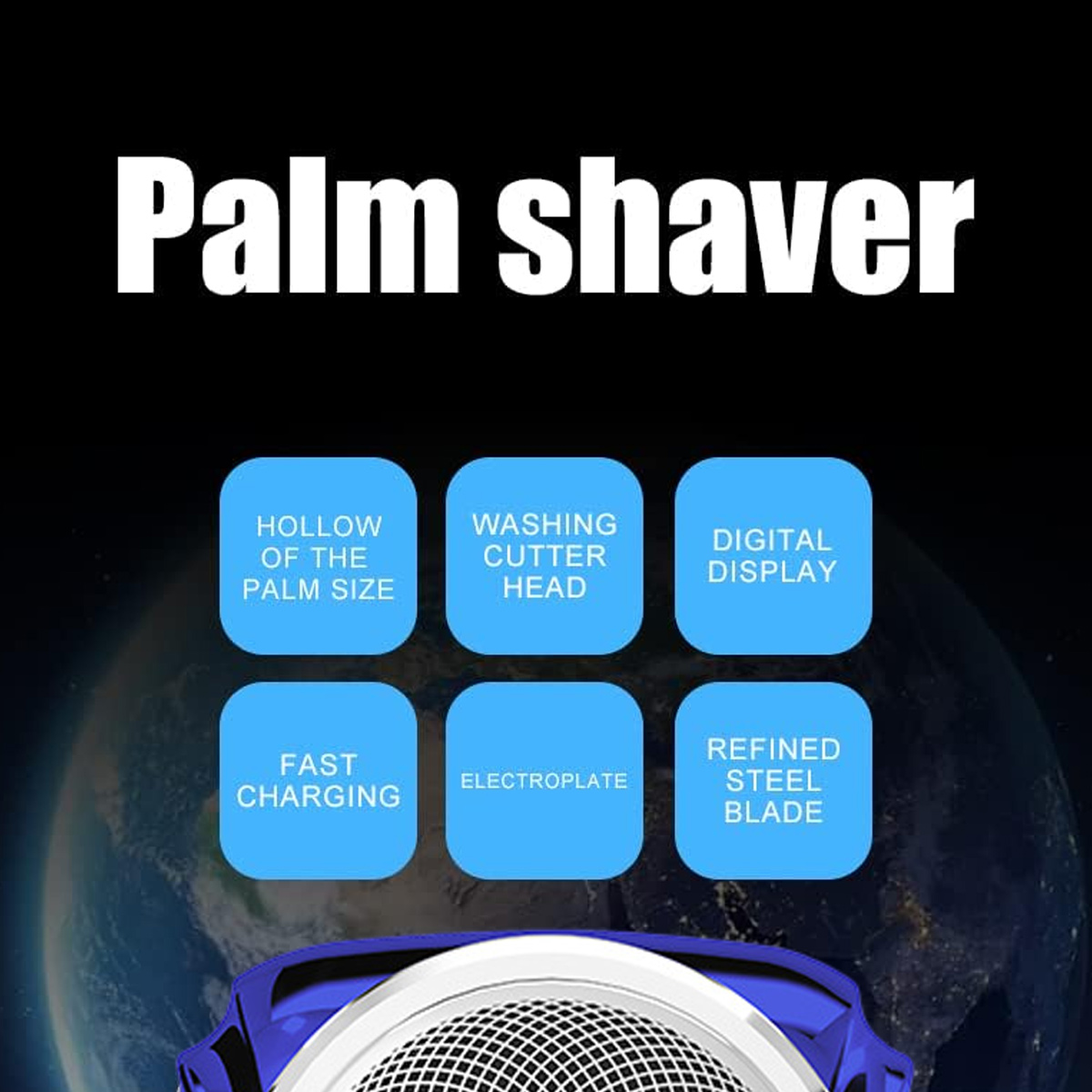 Palm shaver Produktwerbung mit blauen Infoboxen und Erdbild im Hintergrund.