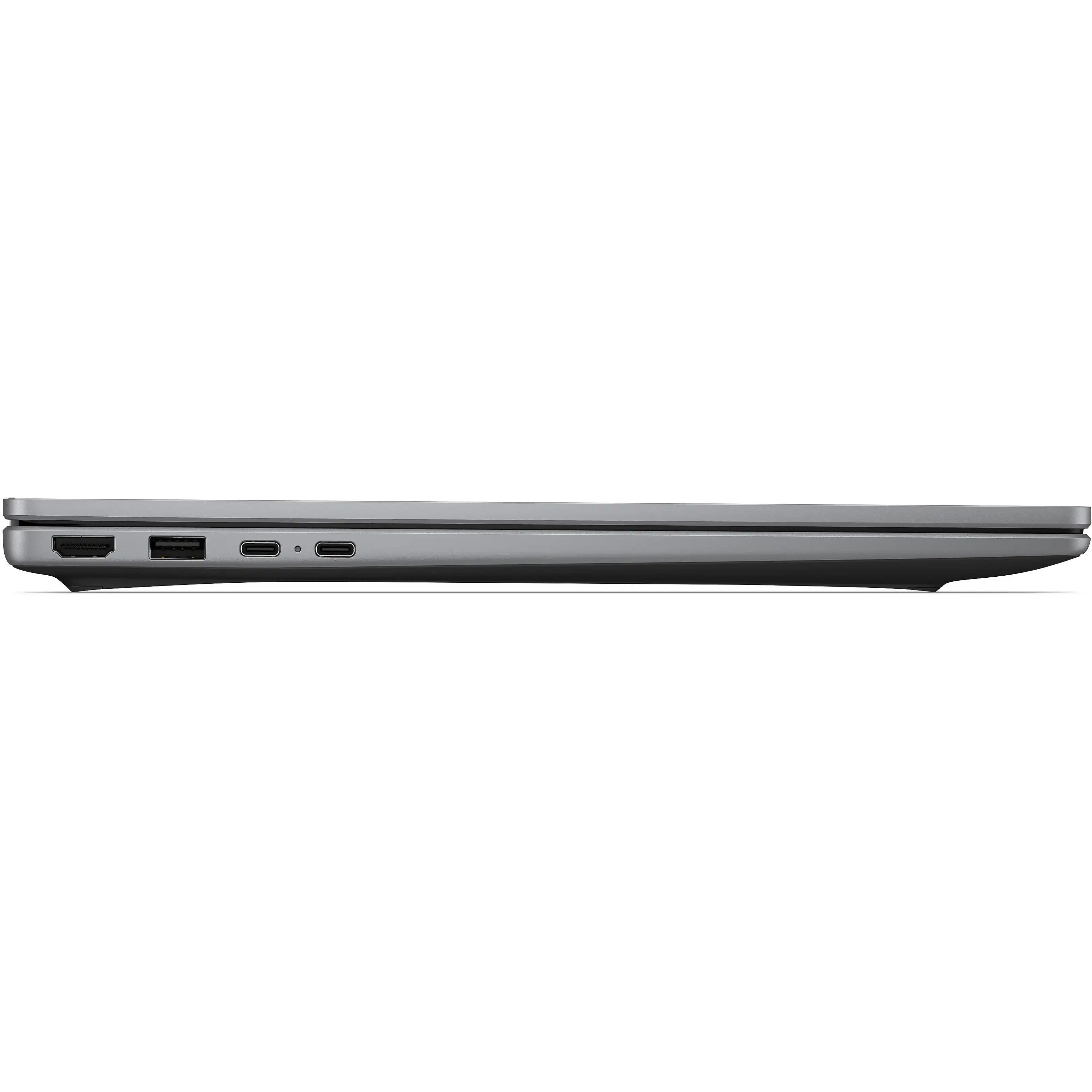 Vista laterale di un laptop grigio che mostra porte HDMI, USB e USB-C.