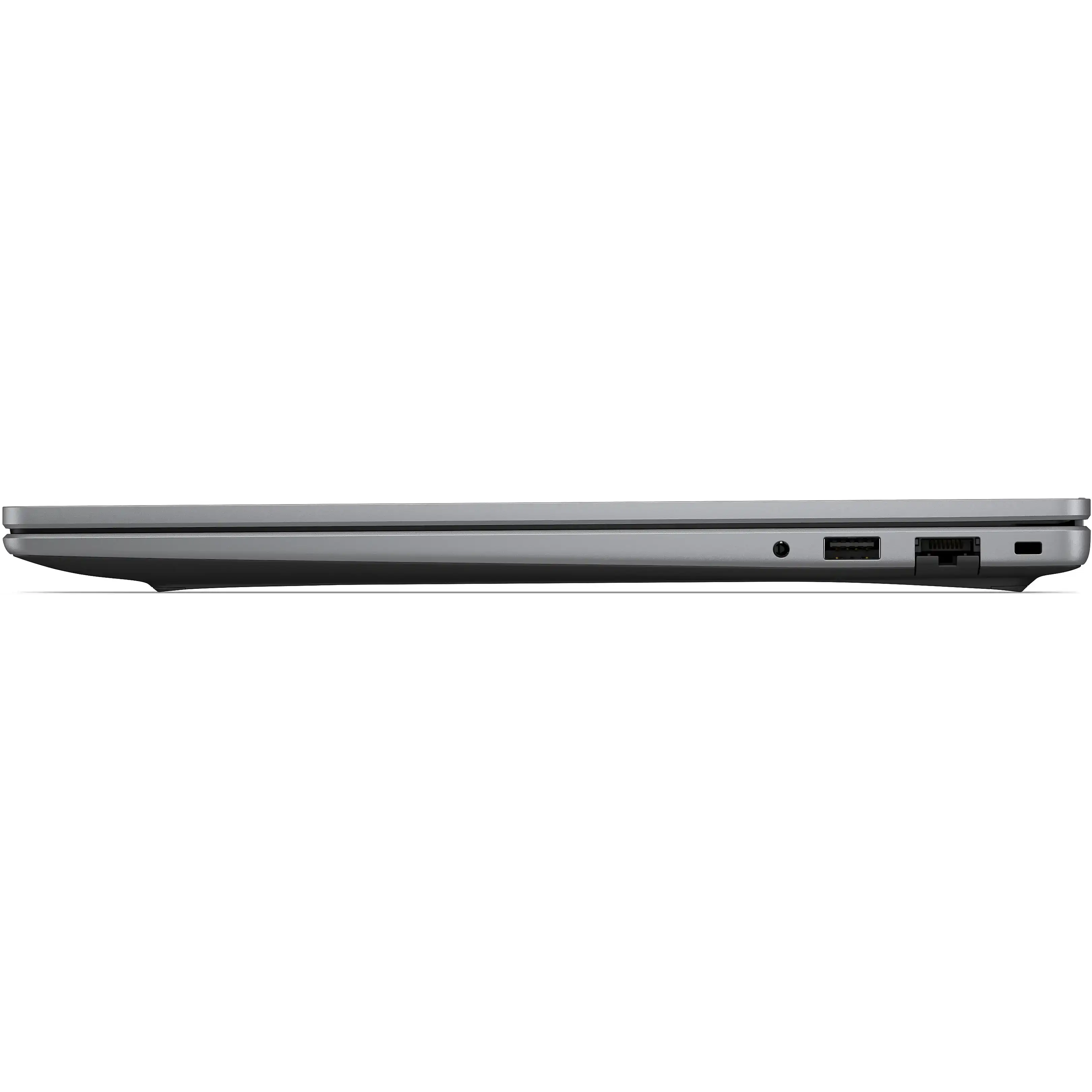 Vista laterale di un laptop grigio con jack audio, porta USB, porta Ethernet e slot di sicurezza su sfondo nero.