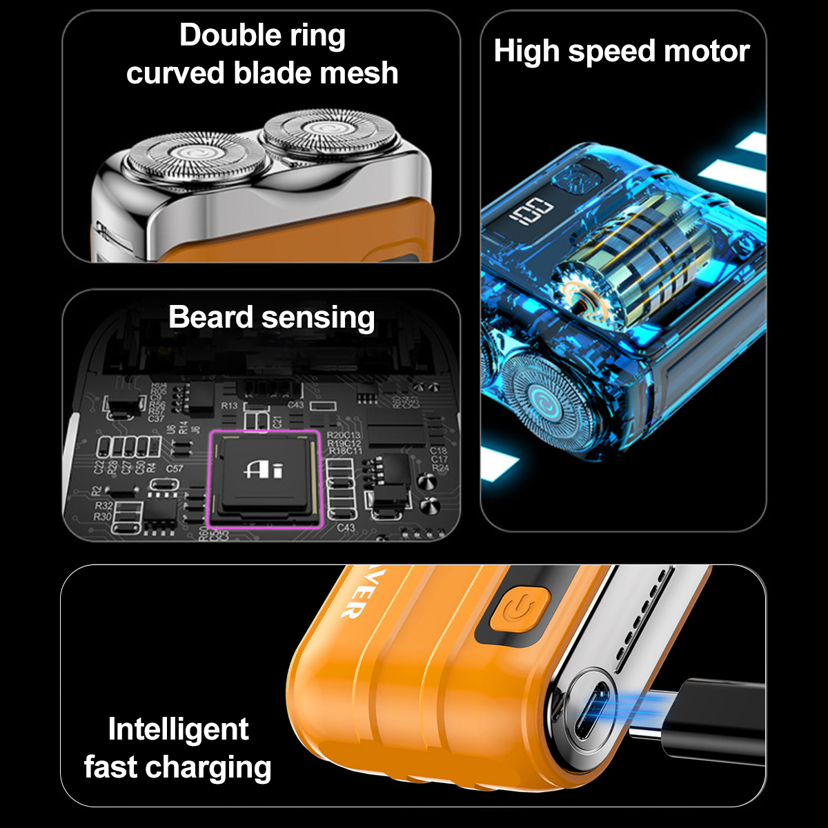 Technische Details eines elektrischen Rasierers mit Klingennetz, Motor, Platine und Schnellladung.