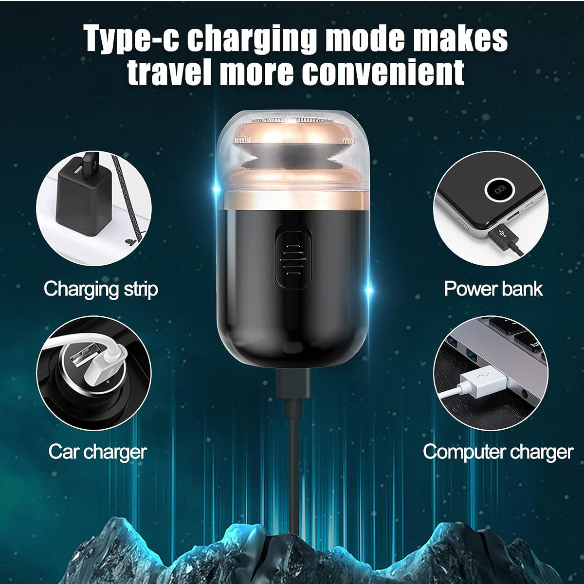 Kompakter Elektr Rasierer mit vielseitigem Type-C Laden über Auto, Powerbank, Computer und Steckdose.