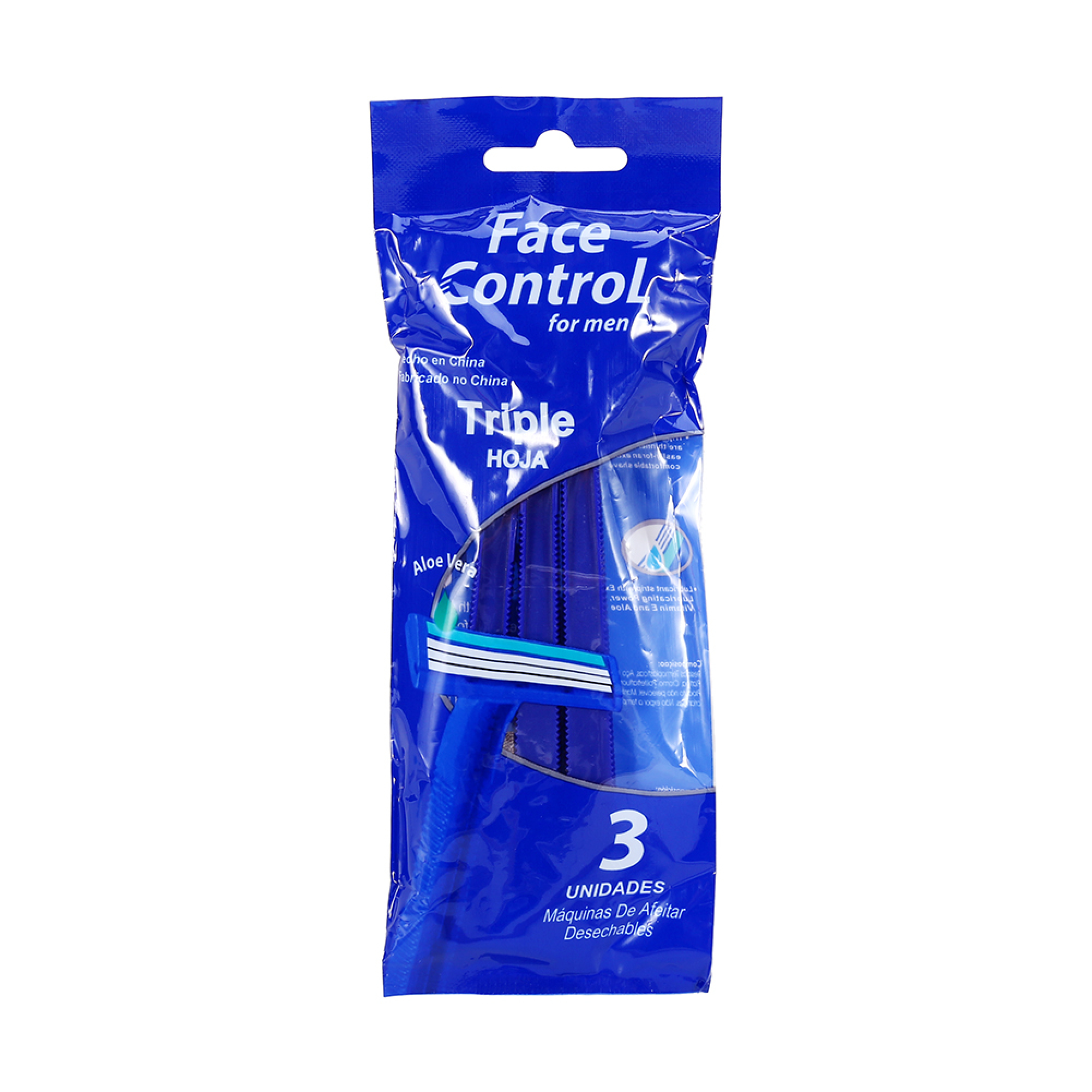 Blaue Verpackung mit drei Einwegrasierern für Männer von Face Control, inklusive Aloe Vera.