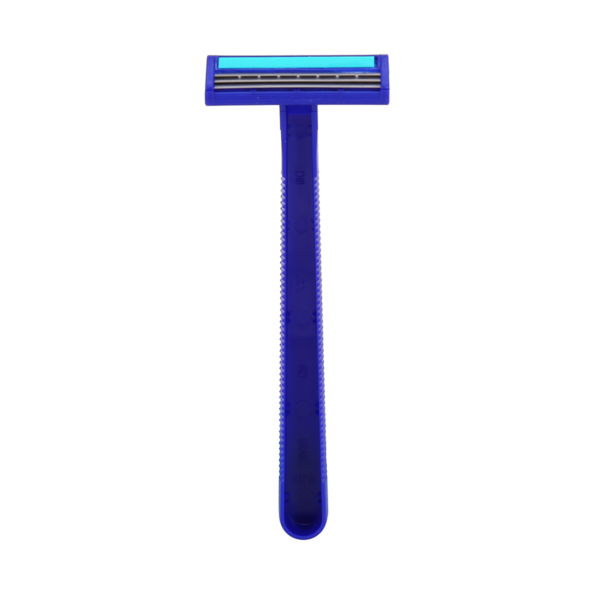 Ein blauer Einwegrasierer mit drei Klingen und einem hellblauen Streifen auf einem weißen Hintergrund.