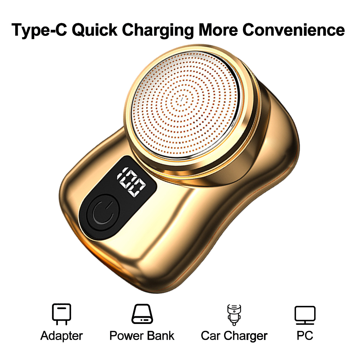 Goldener Mini-Rasierer mit digitalem Display und Type-C-Ladekompatibilität für verschiedene Stromquellen.