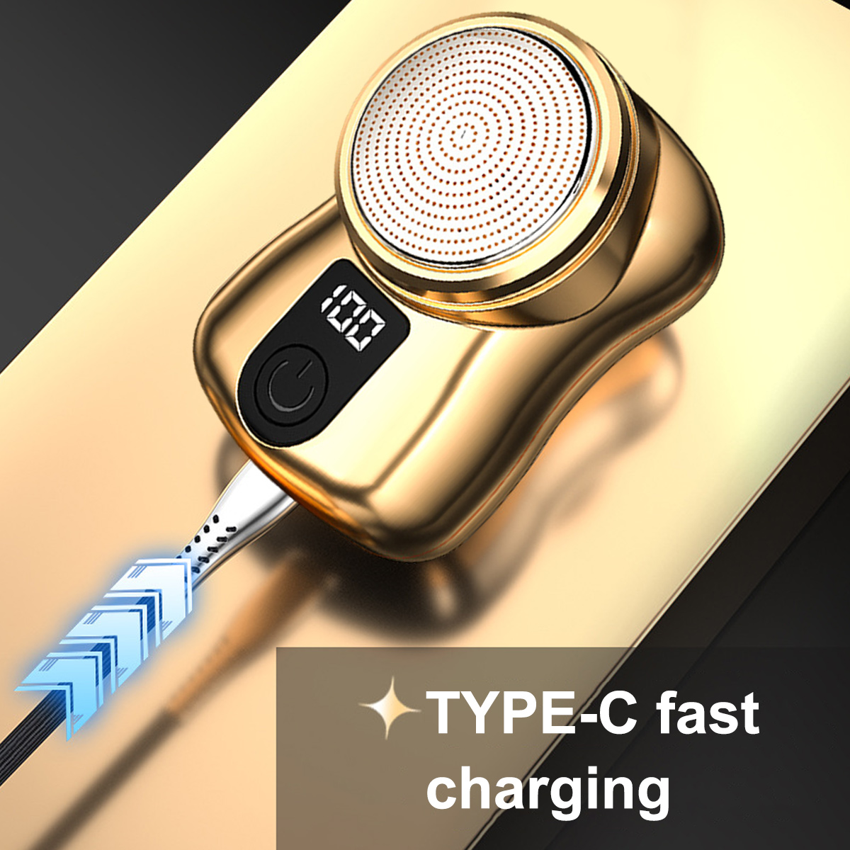 Goldenes Gerät mit digitaler Anzeige und Ladekabel, mit Typ-C-Schnelllade-Text.