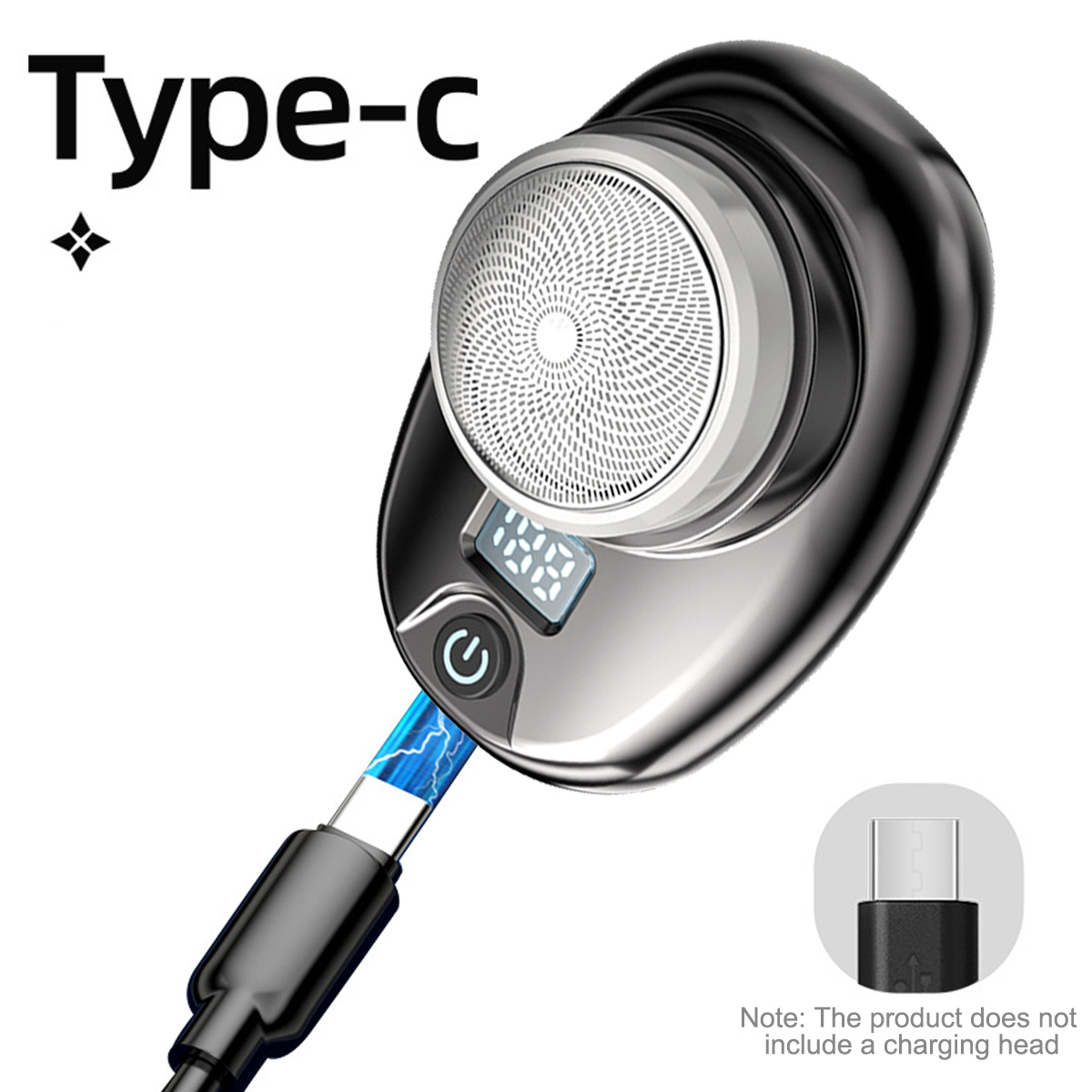 Ein tragbarer schwarzer Elektrorasierer mit Typ-C-Ladekabel und digitaler Anzeige.