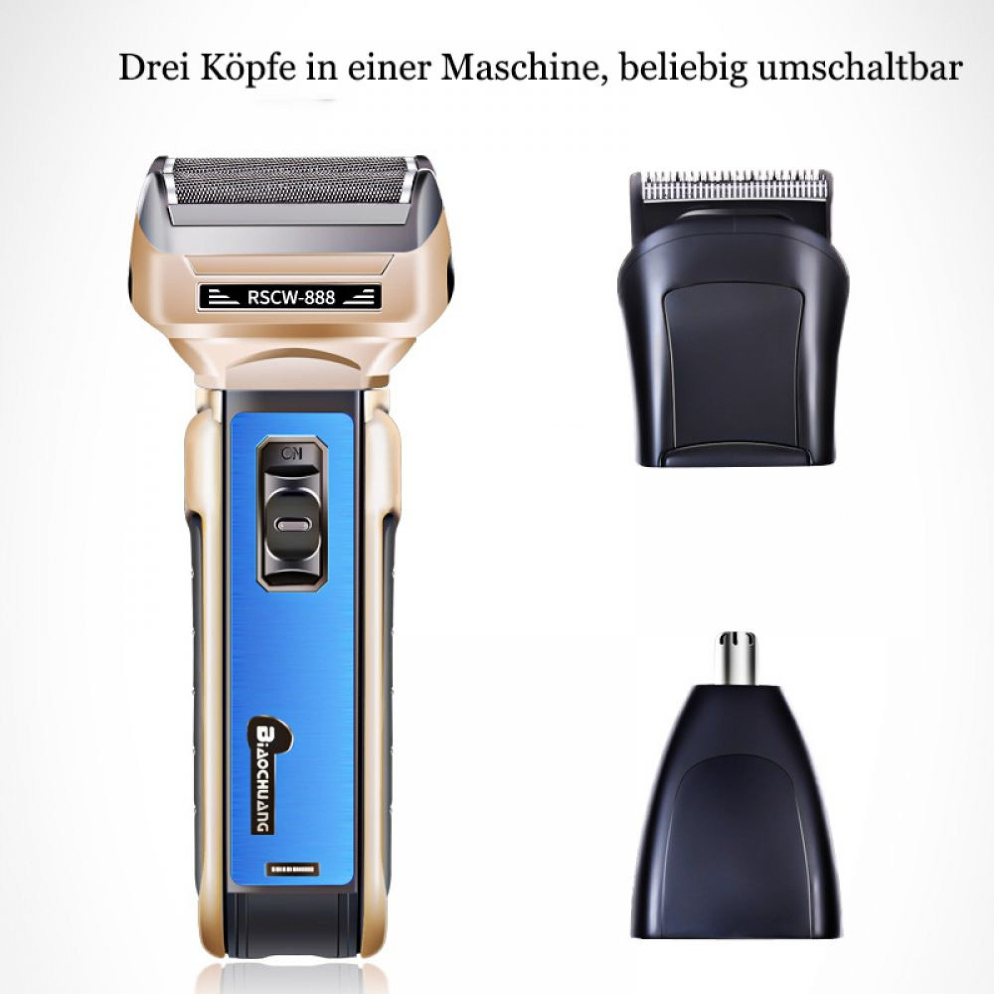 Gold-blaues Elektrorasierer-Set mit drei austauschbaren Scherköpfen vor weißem Hintergrund.