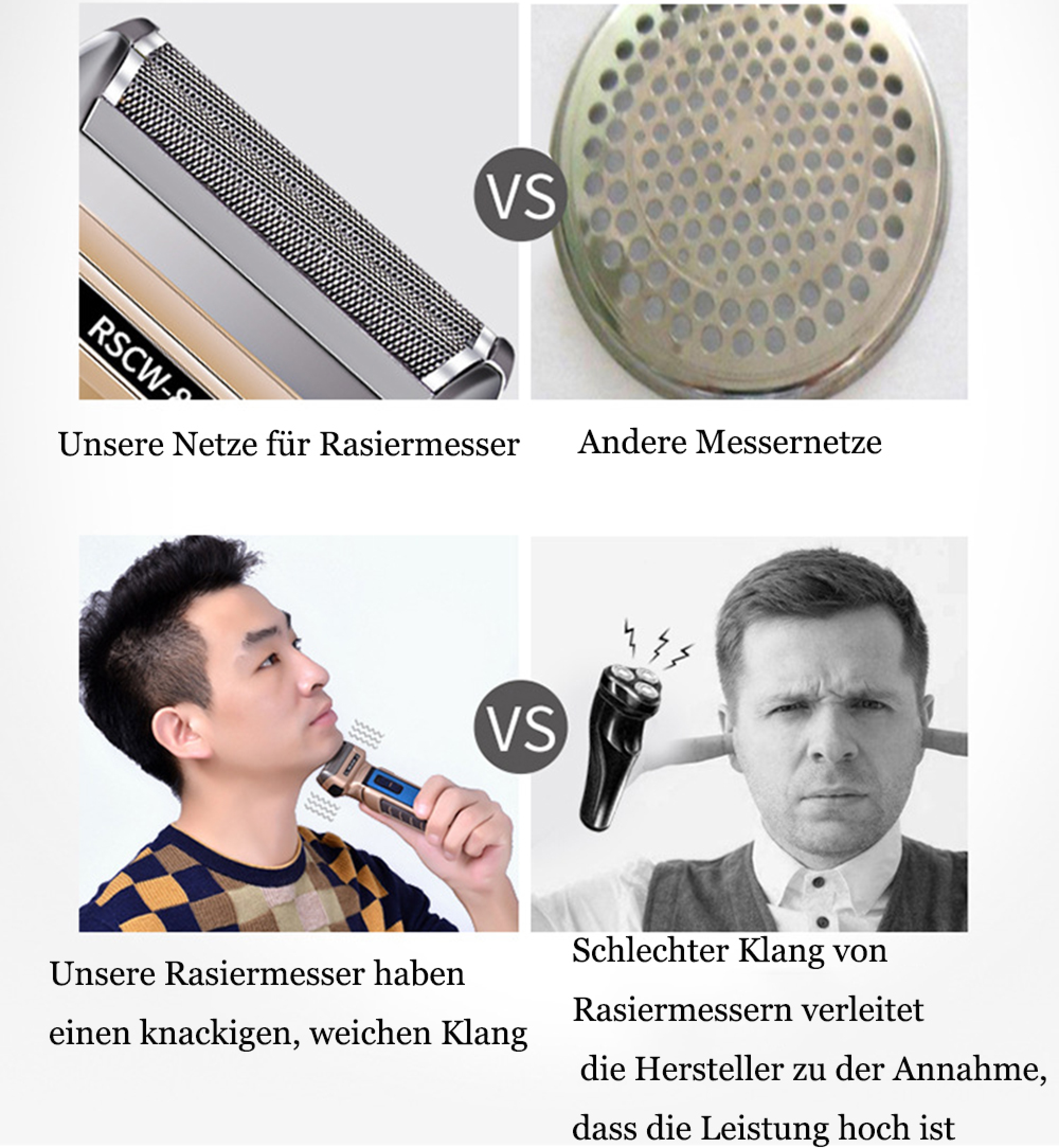 Vergleich zweier Rasiererfolien und deren Klang: angenehmer Sound links, störender Lärm rechts.
