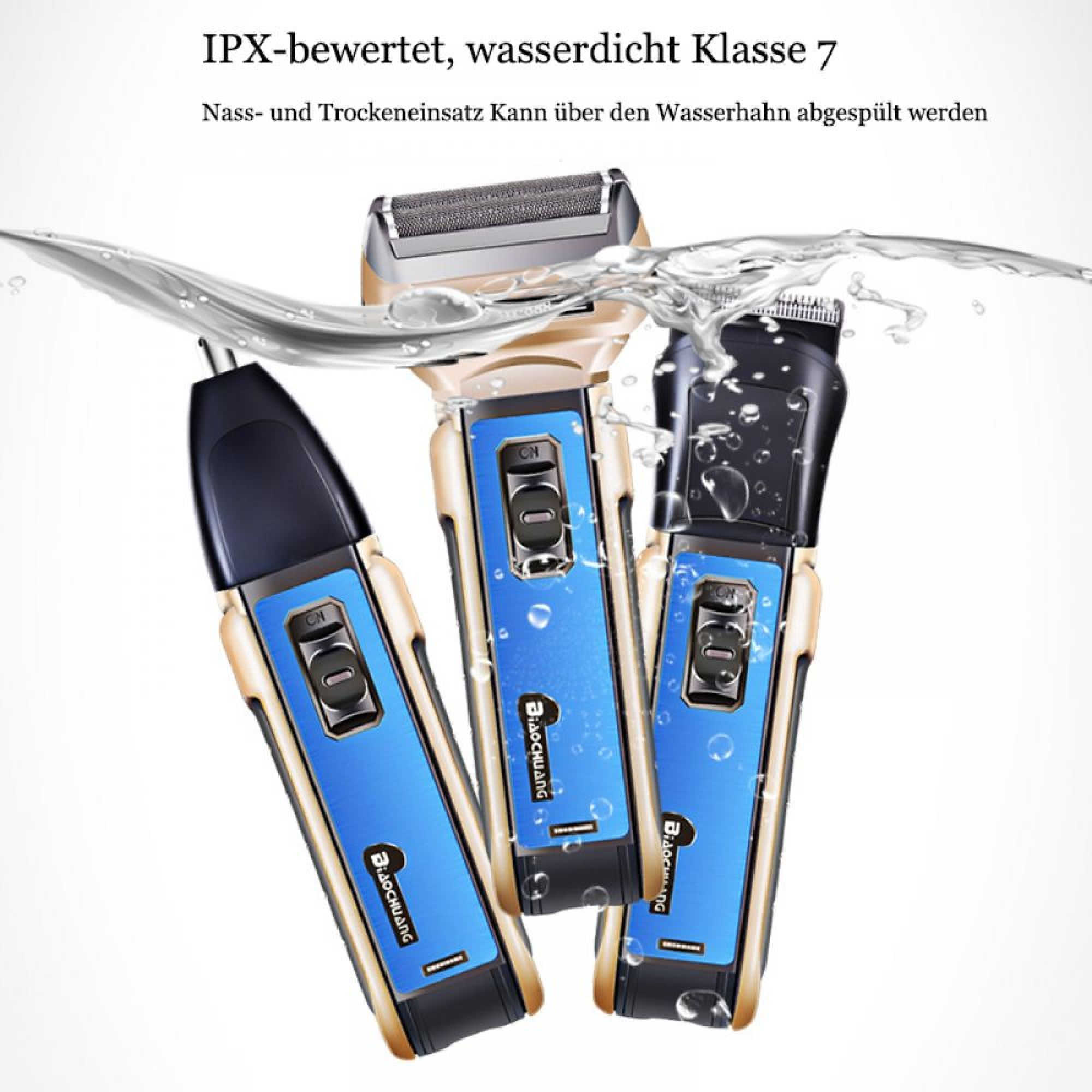 Drei wasserdichte Pflegegeräte mit blauen und goldenen Akzenten im spritzenden Wasser.