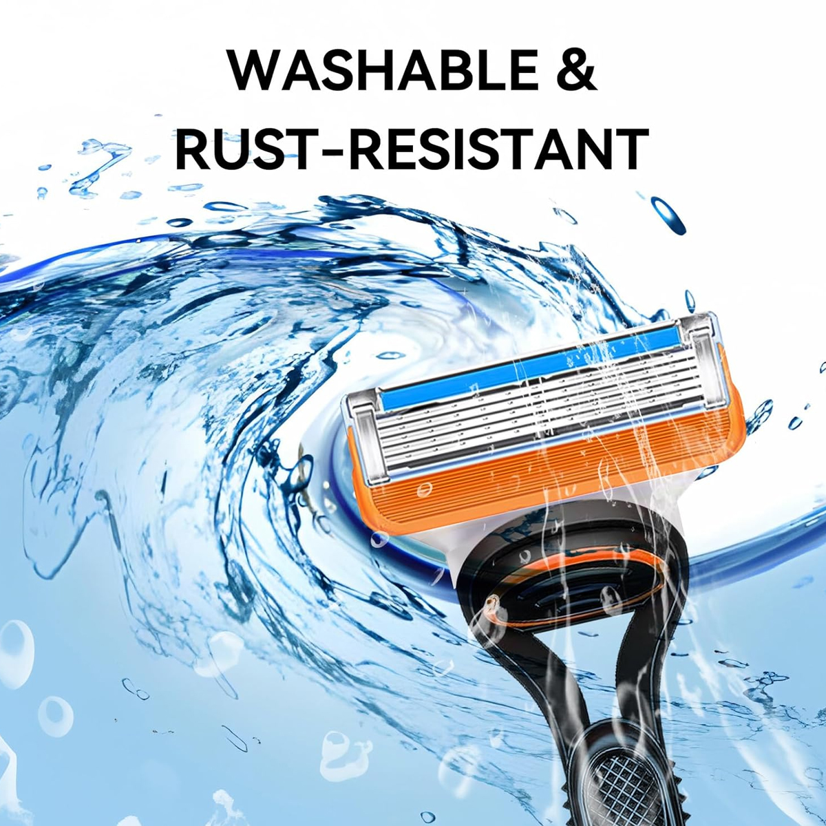 Ein Rasierer mit Orangetönen steht vor spritzendem Wasser. Text: Washable & Rust-resistant.
