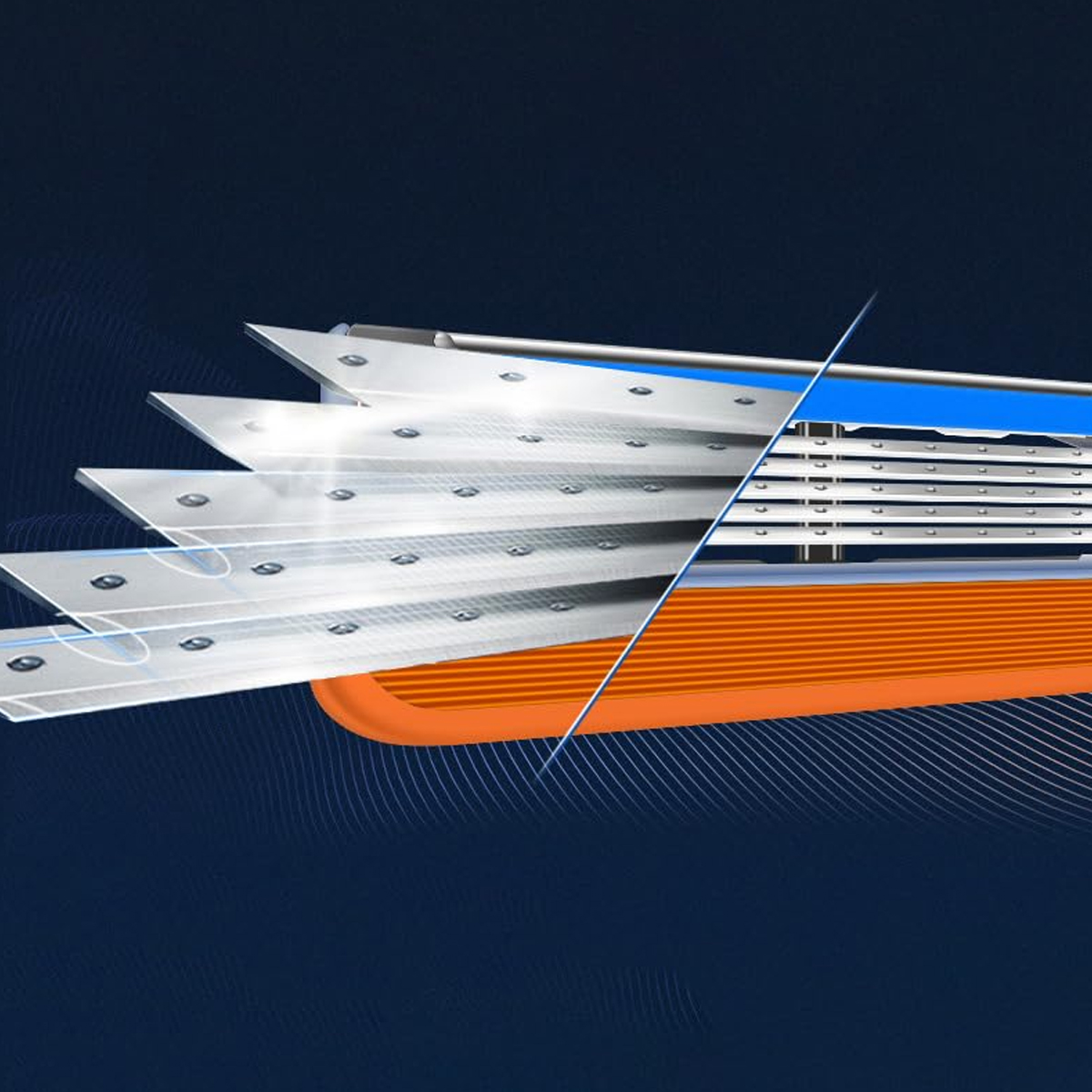 Nahaufnahme eines Rasierklingenkopfs mit Metallklingen und orangefarbenem Schutzbügel vor blauem Hintergrund.