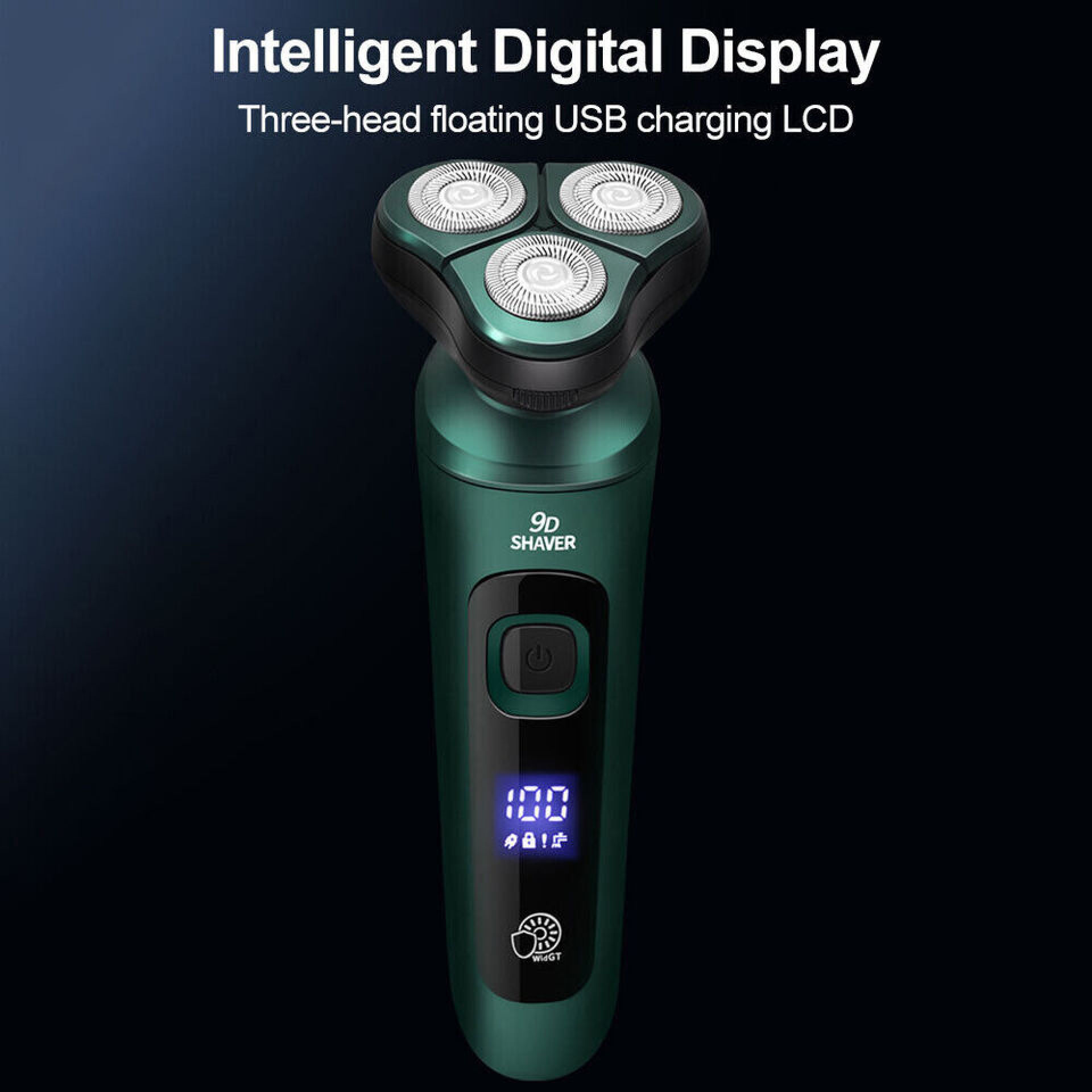 Ein grüner Elektrorasierer mit drei beweglichen Scherköpfen, Ein-Knopf und digitalem LED-Display.