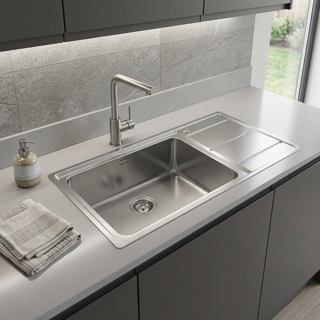 Moderno lavello in acciaio inox con rubinetto e portasapone su piano chiaro in cucina grigia.