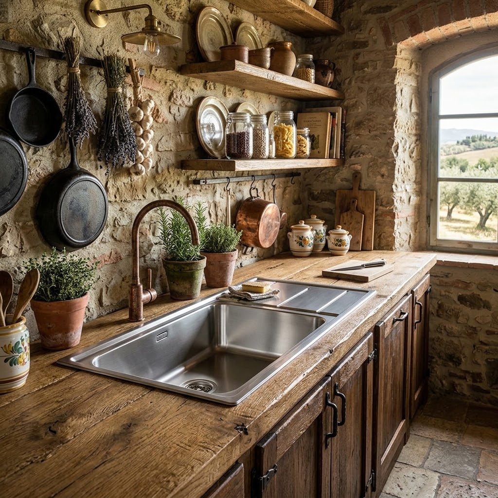 Cucina rustica con pareti in pietra, mobili in legno, lavello, padelle sospese e mensole con barattoli.