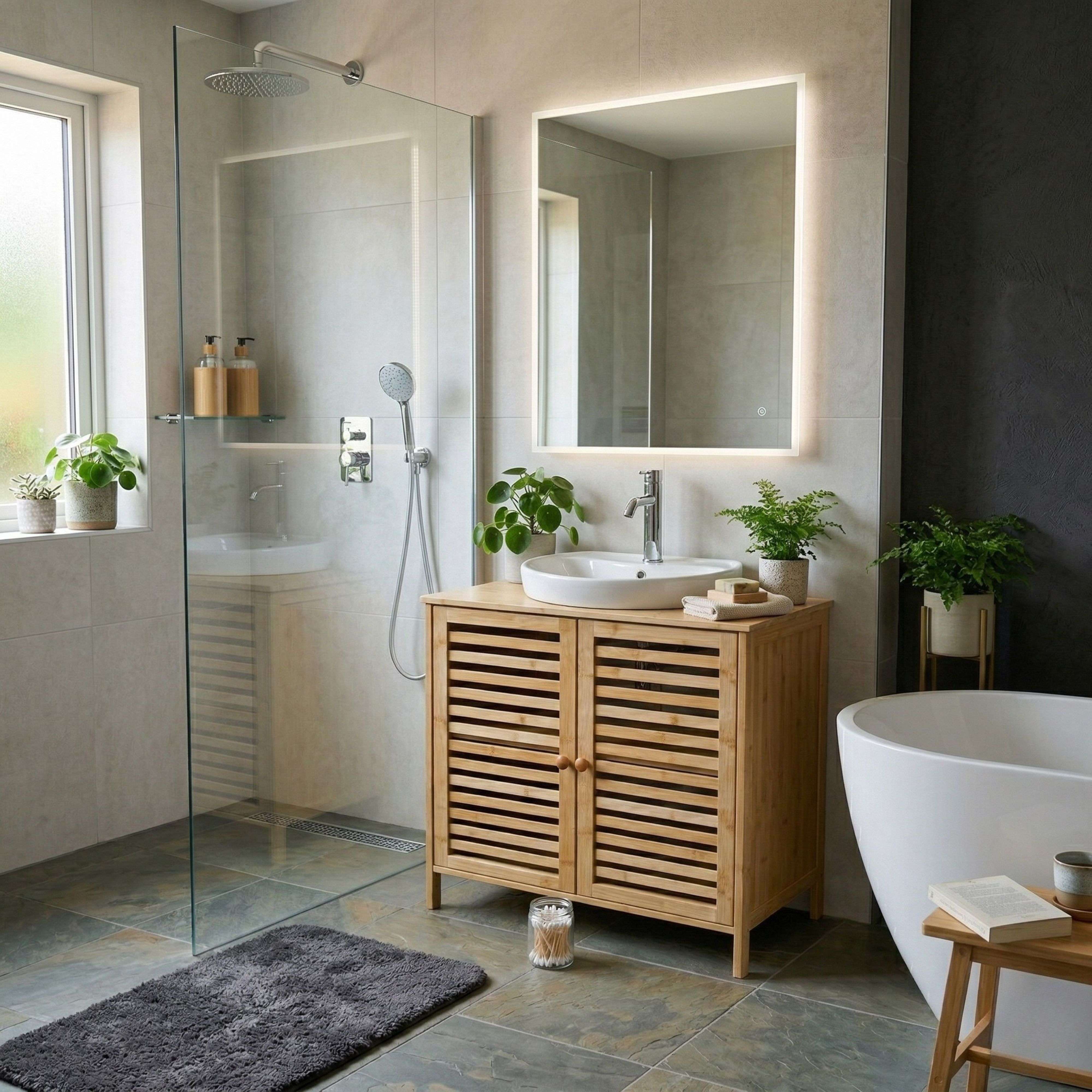 Baño moderno con mueble de madera, espejo iluminado, ducha de cristal y bañera.