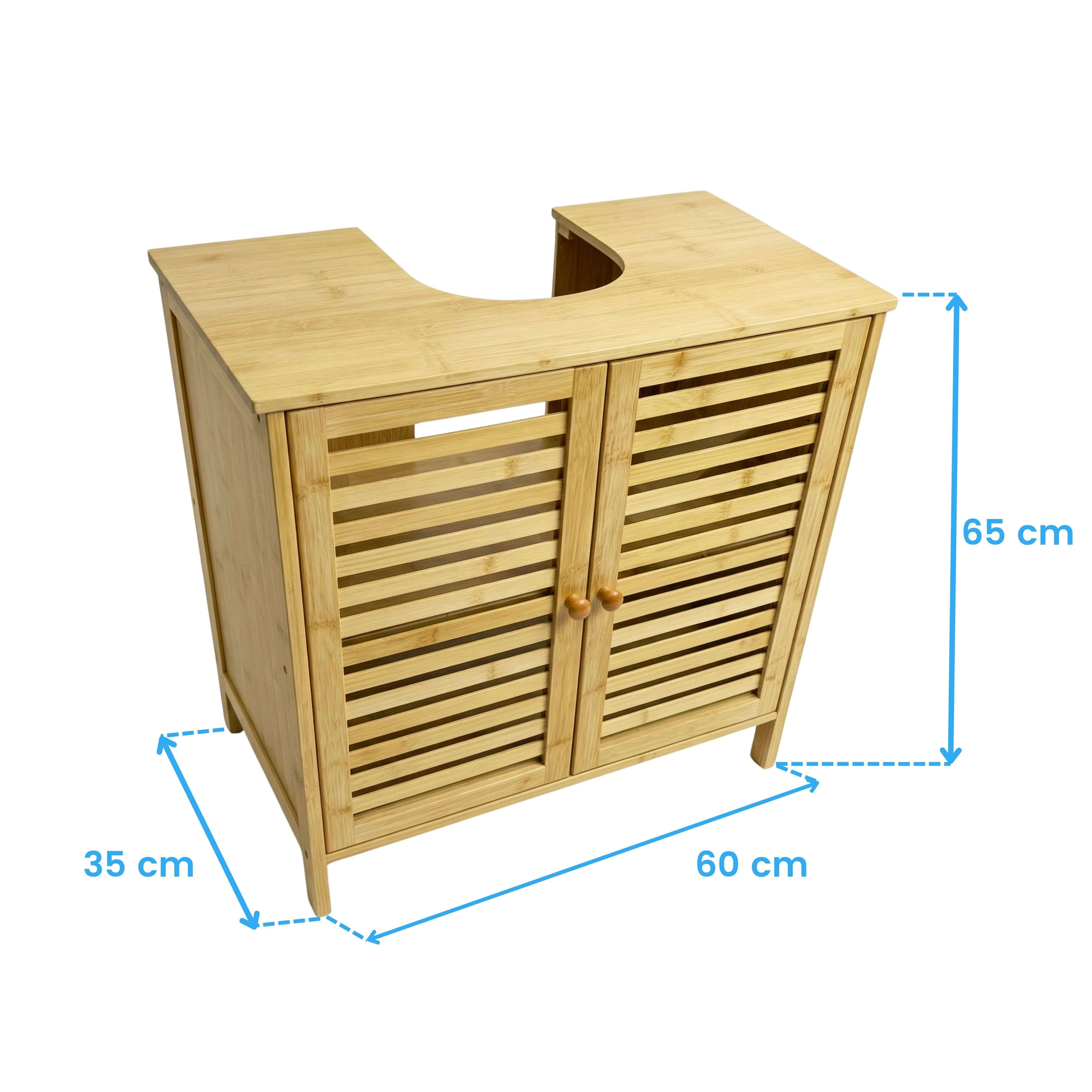 Mueble bajo lavabo de bambú con puertas de listones, dimensiones 60x35x65 cm, sobre fondo blanco.