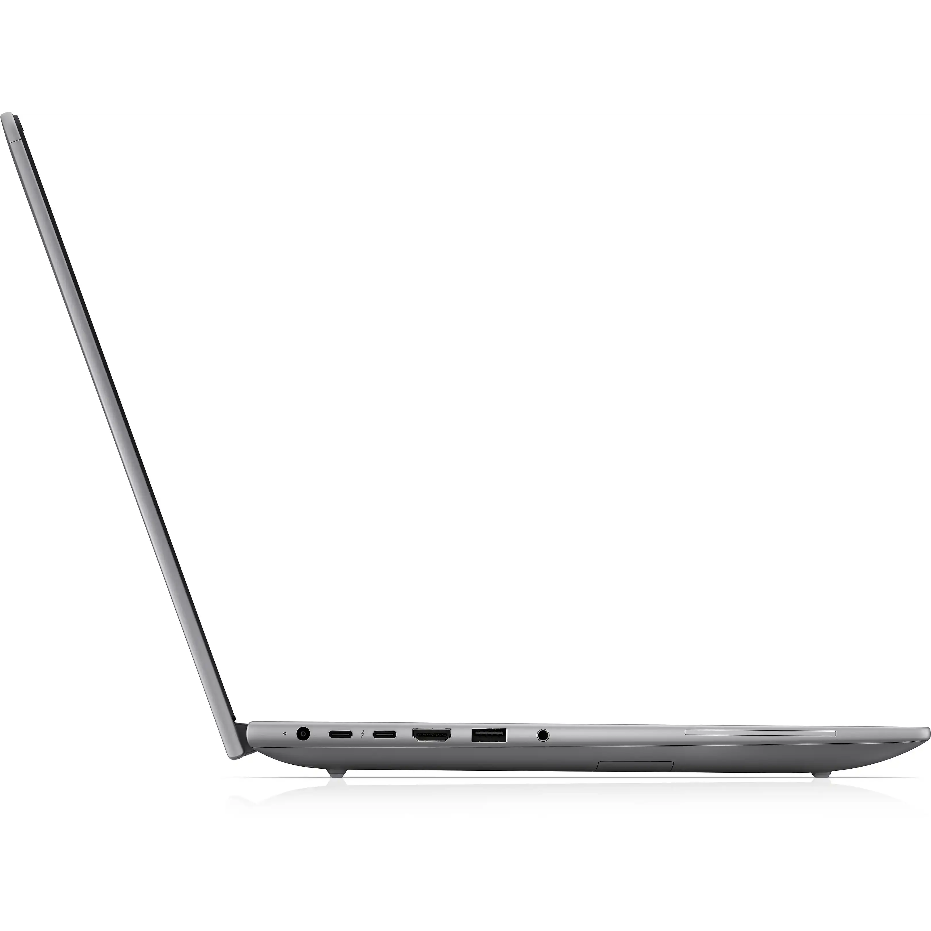 Vista laterale di un laptop grigio con varie porte su una superficie bianca.