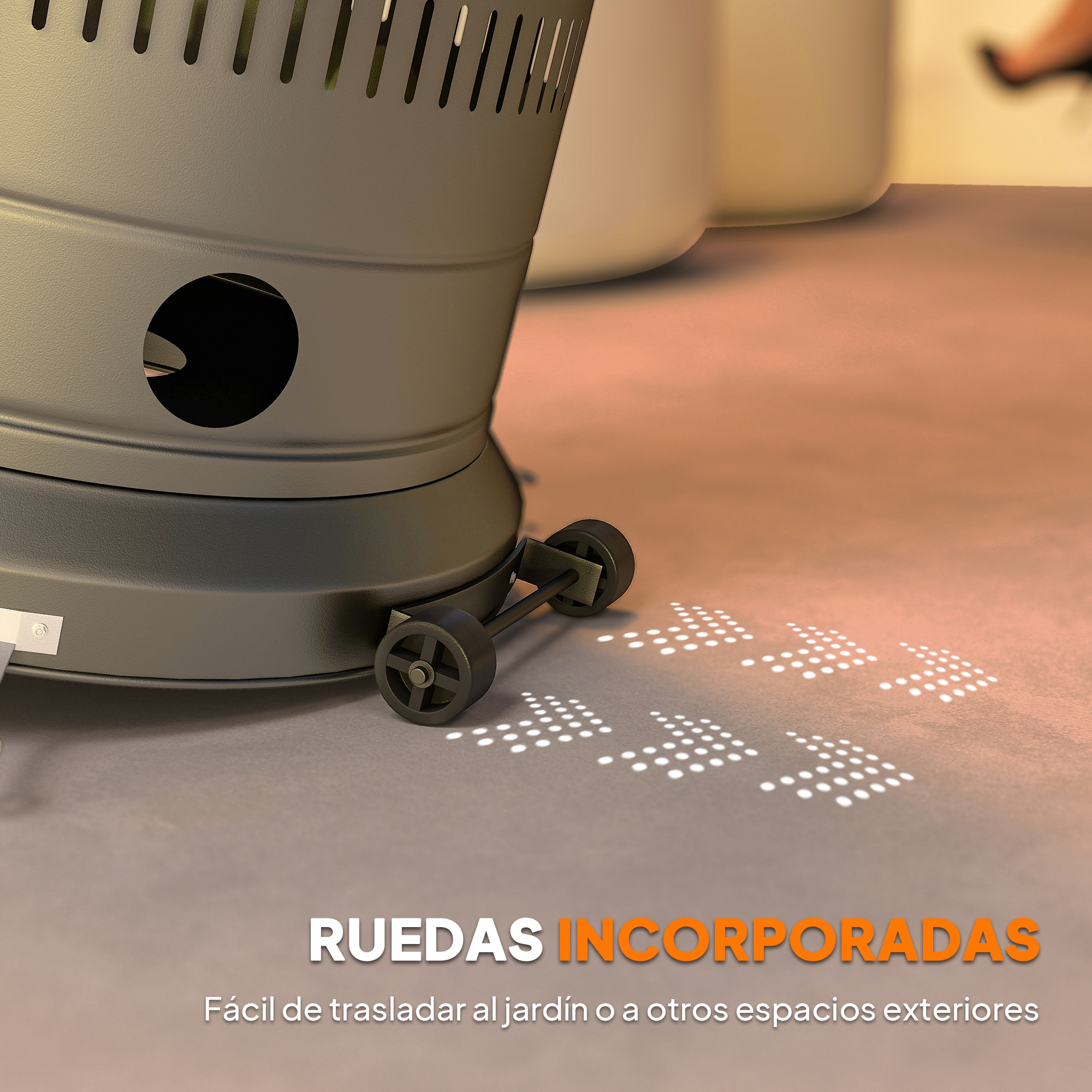 Un calefactor de patio gris con ruedas sobre una superficie lisa proyecta patrones de flechas punteadas blancas.