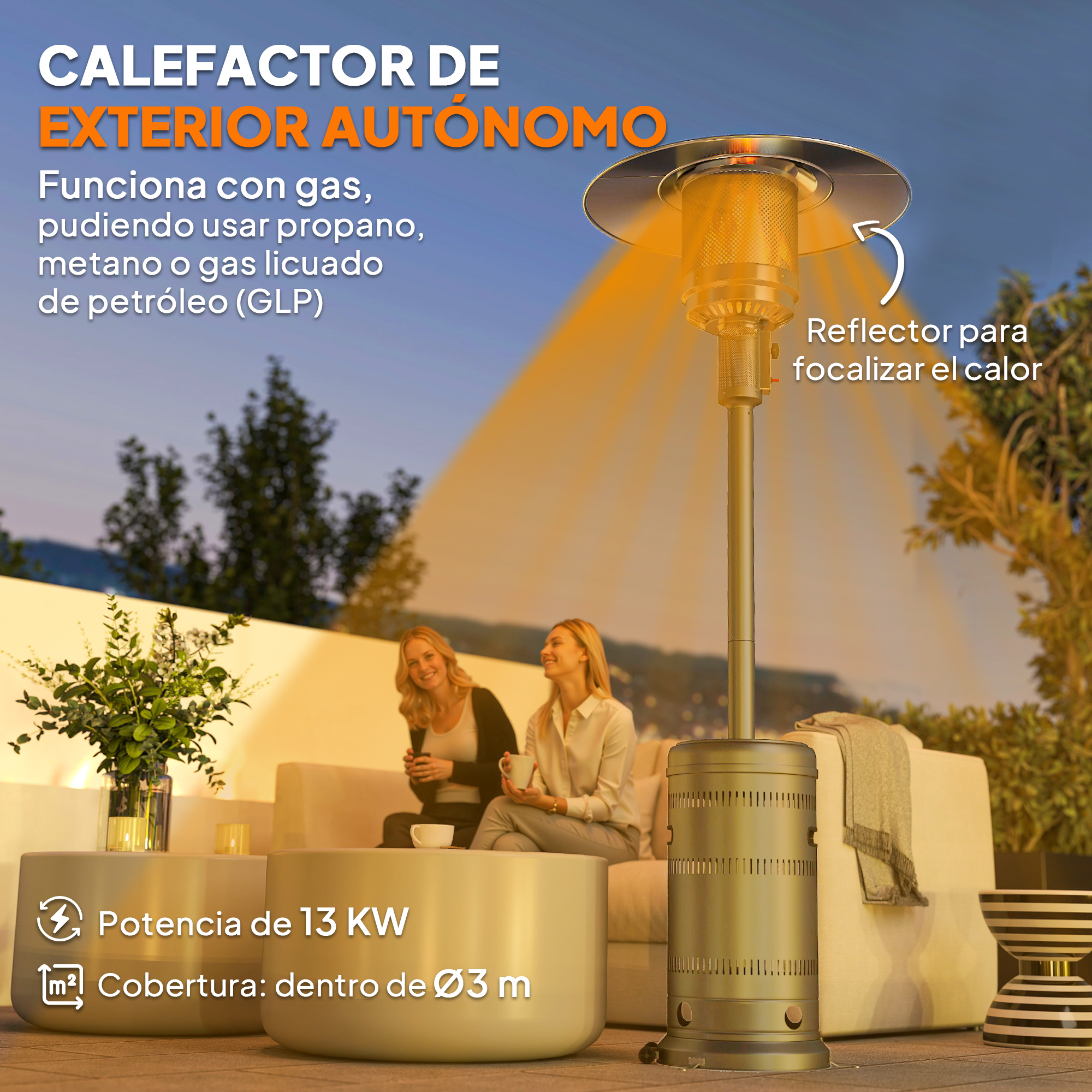 Un calefactor de exterior en una terraza con dos mujeres sentadas en un sofá, sosteniendo bebidas.