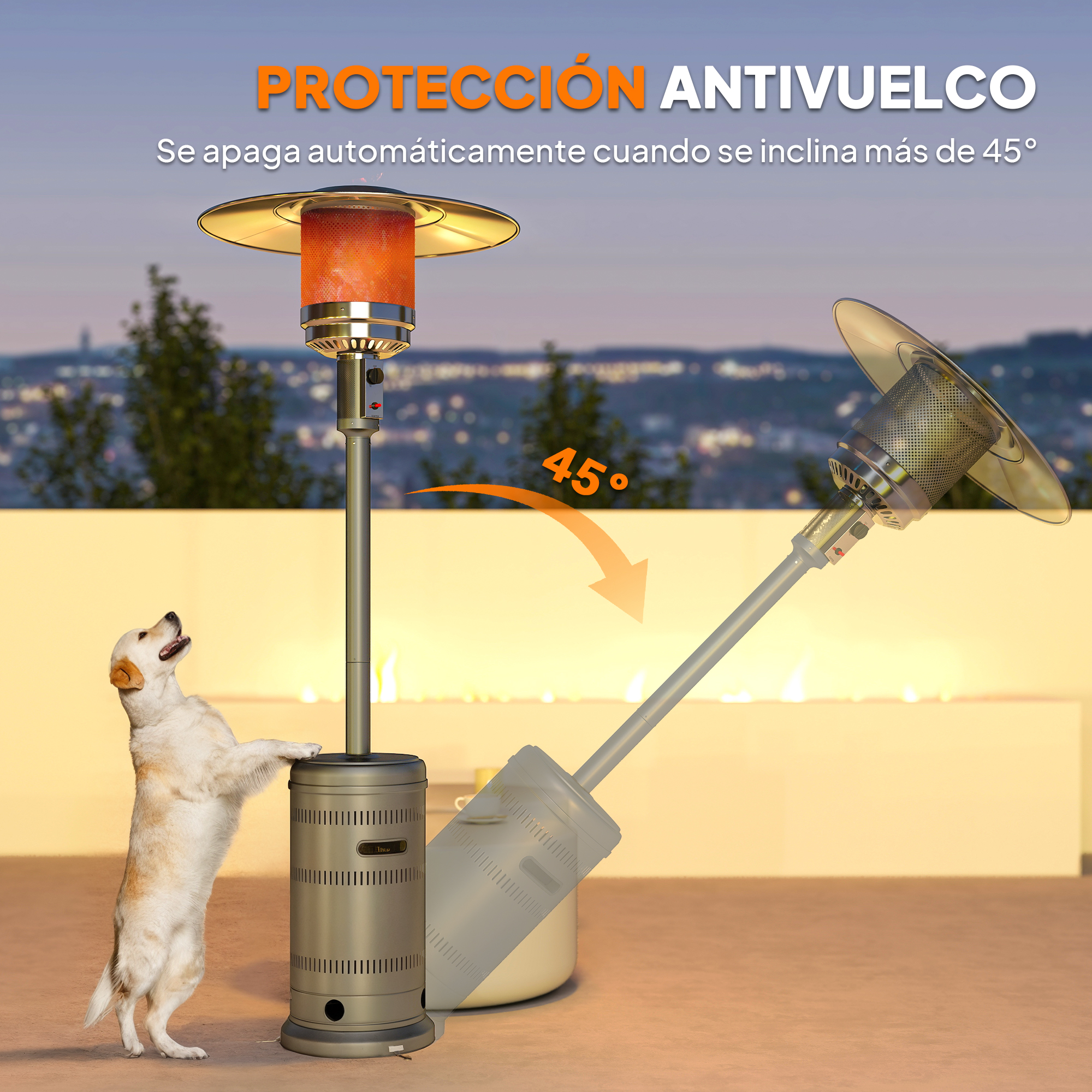 Calefactor de patio con apagado automático a 45 grados de inclinación y un perro.