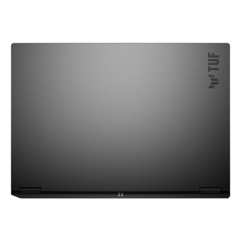 Un coperchio per laptop grigio chiuso con il logo TUF nell'angolo in alto a destra su sfondo bianco.