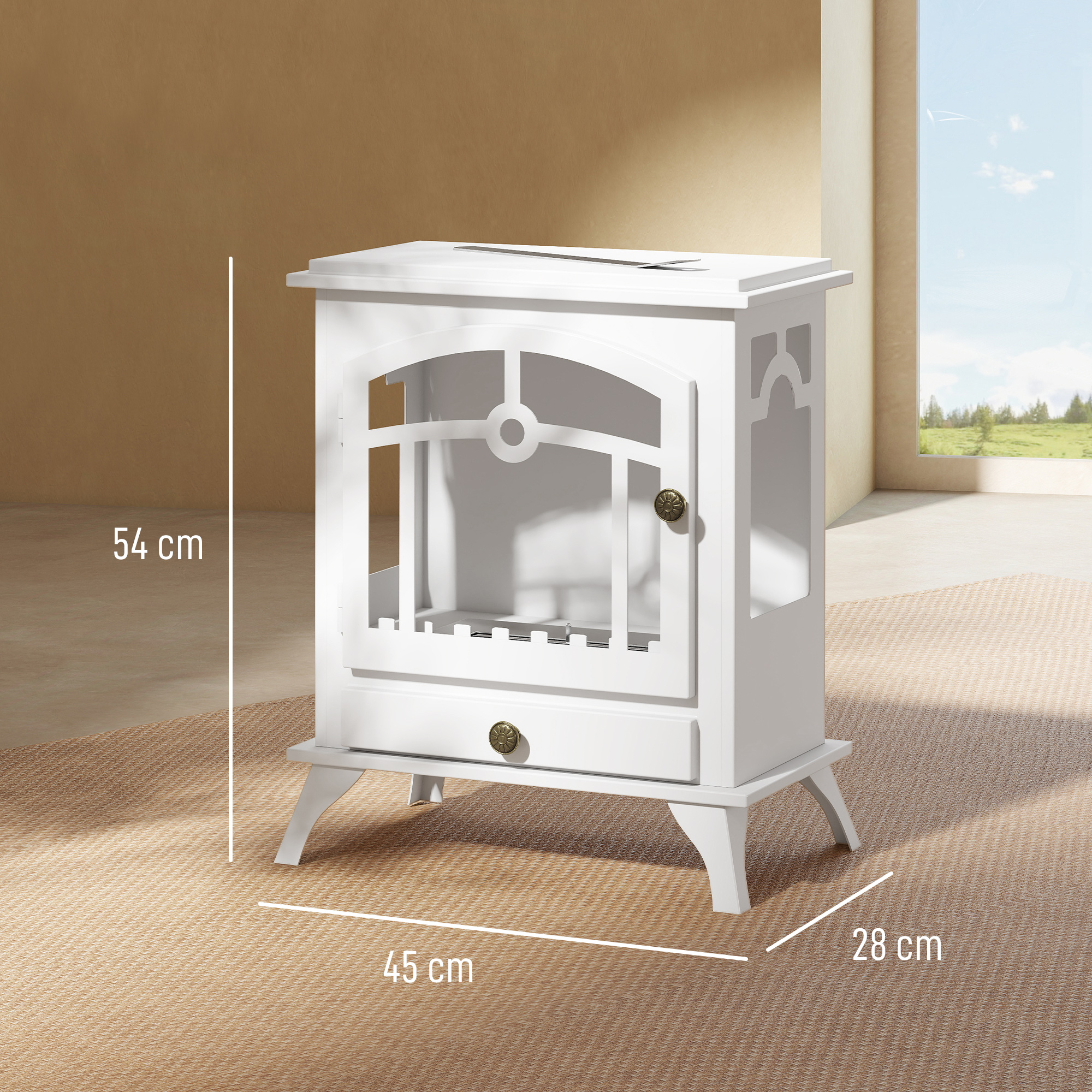 Chimenea de bioetanol blanca independiente con diseño de puerta ornamentada sobre una alfombra, dimensiones 54x45x28 cm.