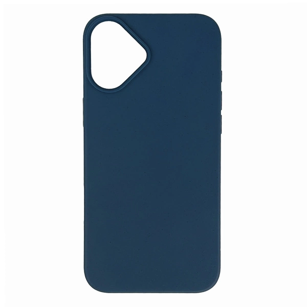 Una custodia per smartphone blu scuro con ritaglio fotocamera triangolare su sfondo bianco.