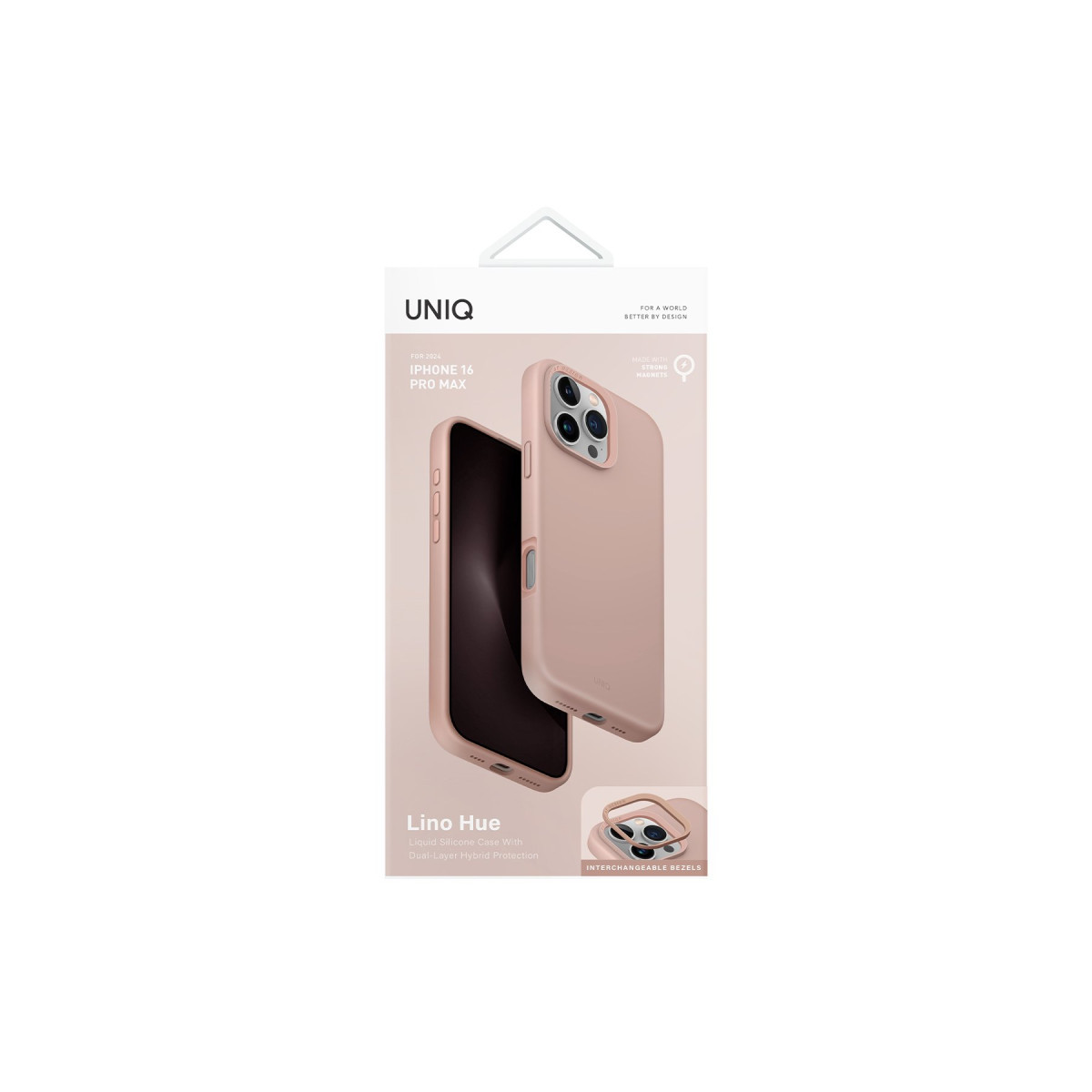 iPhone 16 Pro Max için pembe Uniq Lino Hue silikon kılıfın ambalajı.
