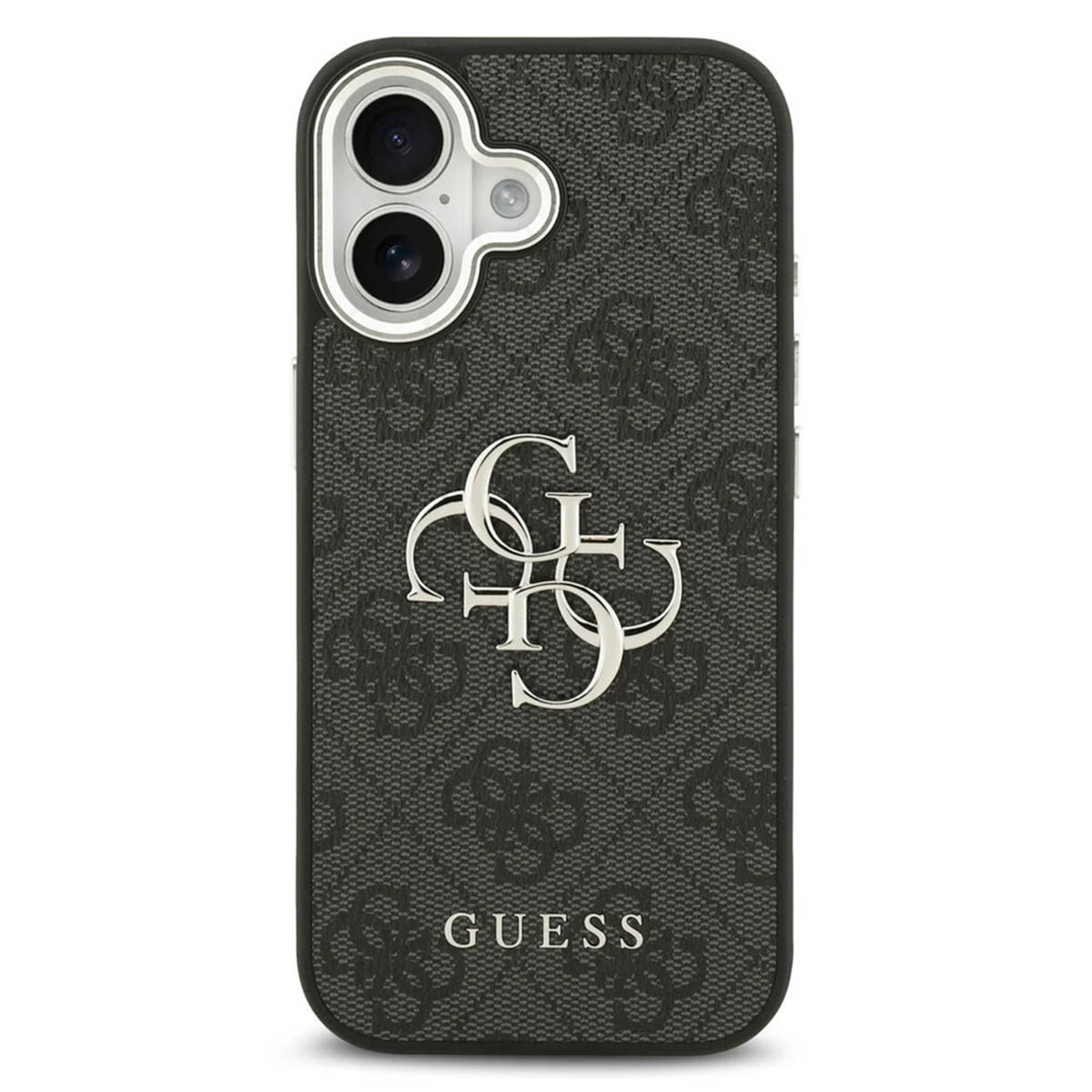 Custodia per telefono nera con motivo Guess e logo argentato.