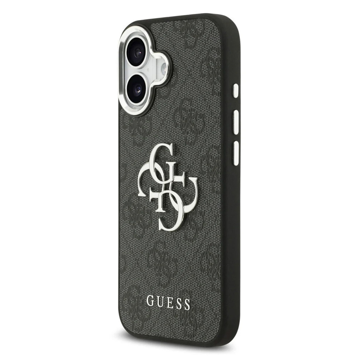 Una custodia per telefono Guess nera con motivo monogramma, logo 4G argento e ritaglio per fotocamera su sfondo bianco.