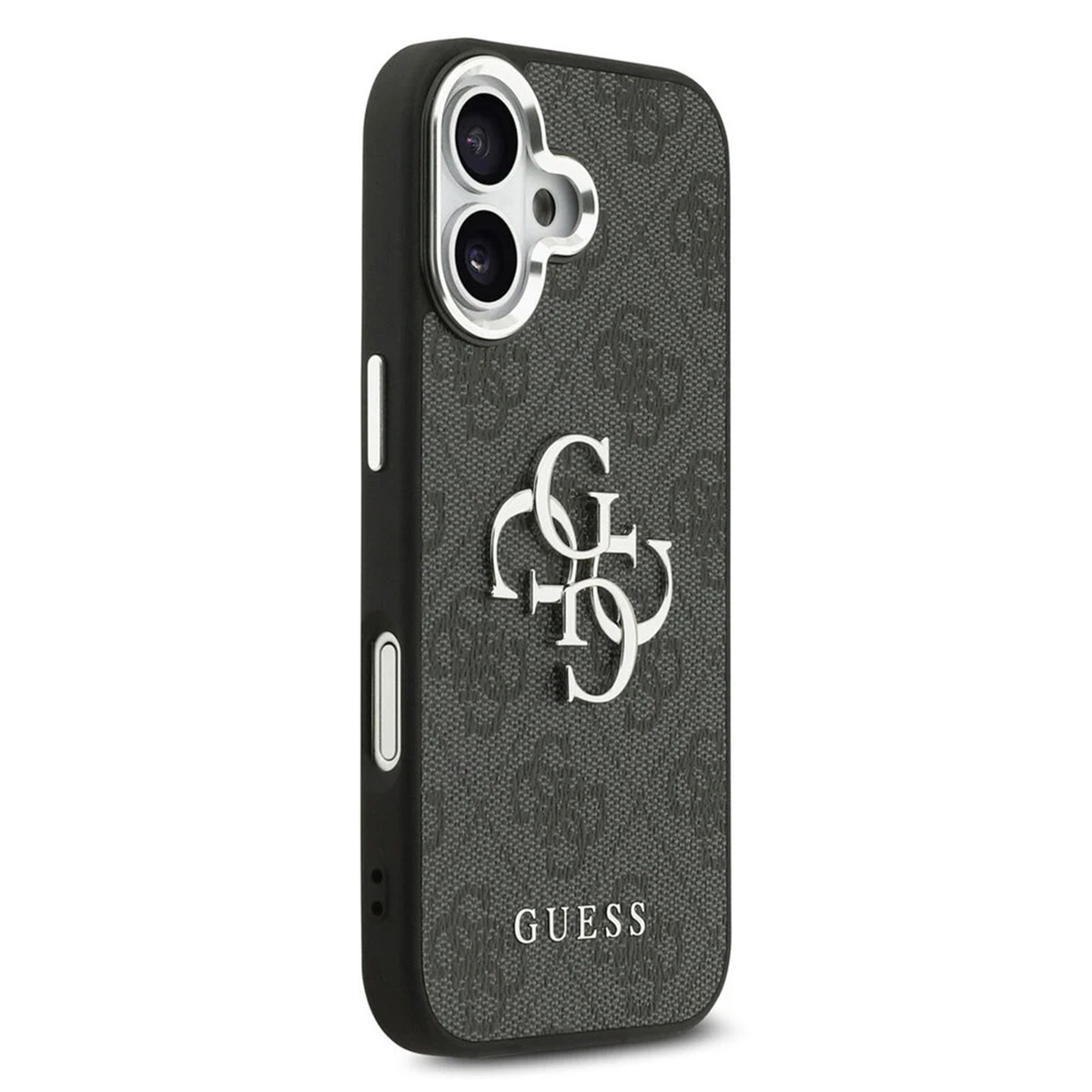 Custodia per telefono nera con motivo Guess, logo argentato e ritaglio per fotocamera.