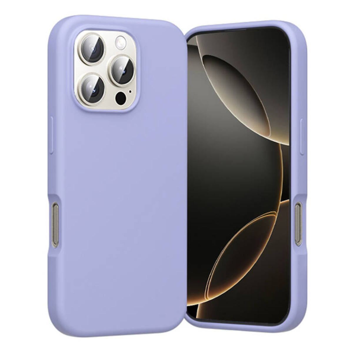 Uno smartphone viola con tripla fotocamera sul retro e schermo acceso su sfondo bianco.