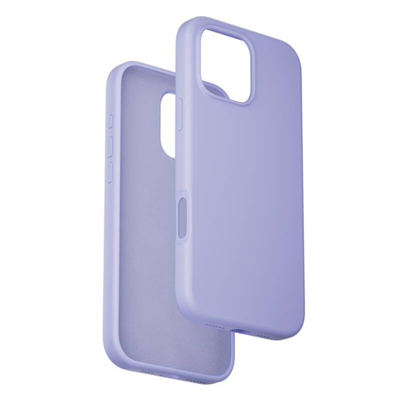 Due custodie per iPhone in silicone viola chiaro su sfondo bianco, viste anteriore e posteriore.