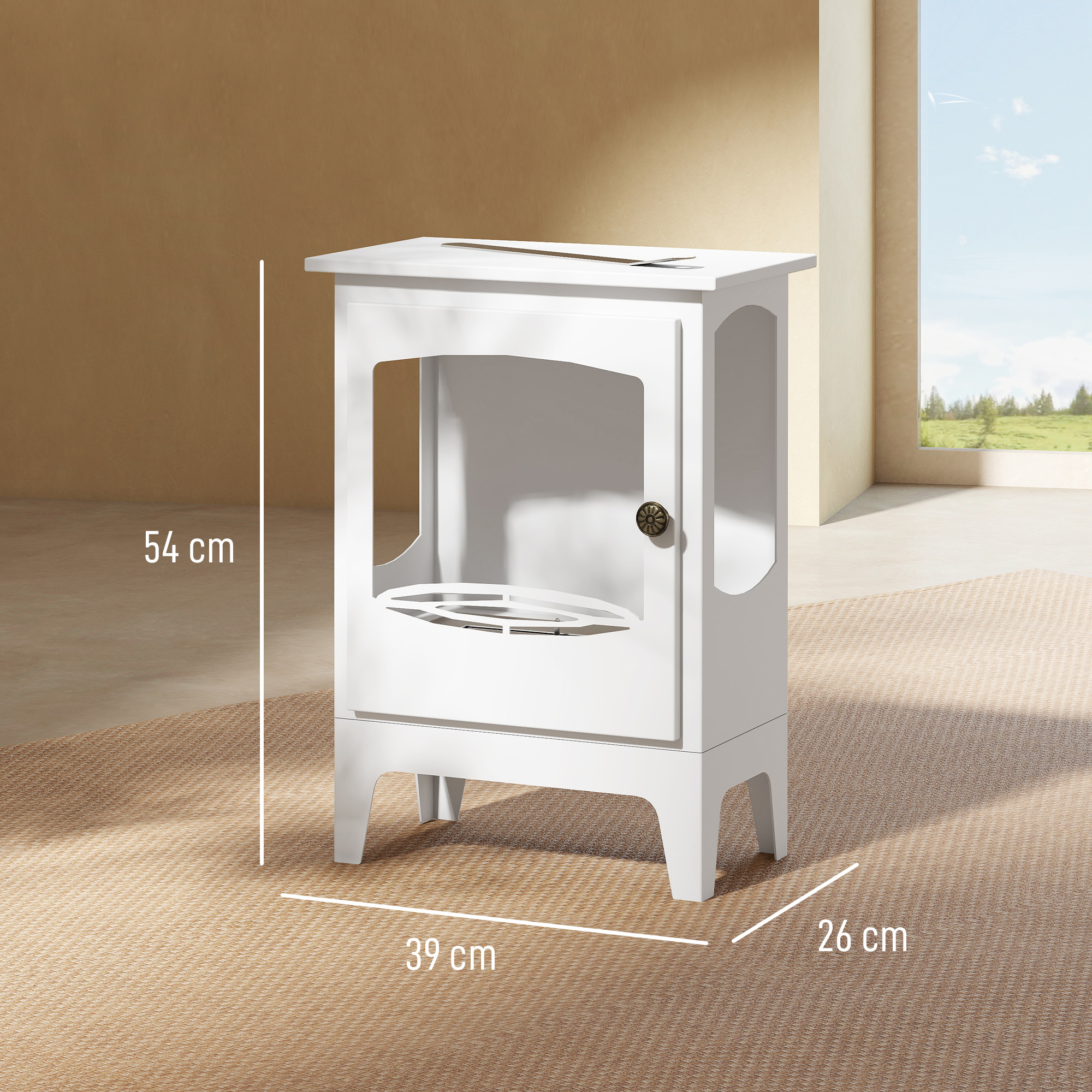 Una chimenea de etanol blanca con dimensiones sobre una alfombra beige contra una pared.
