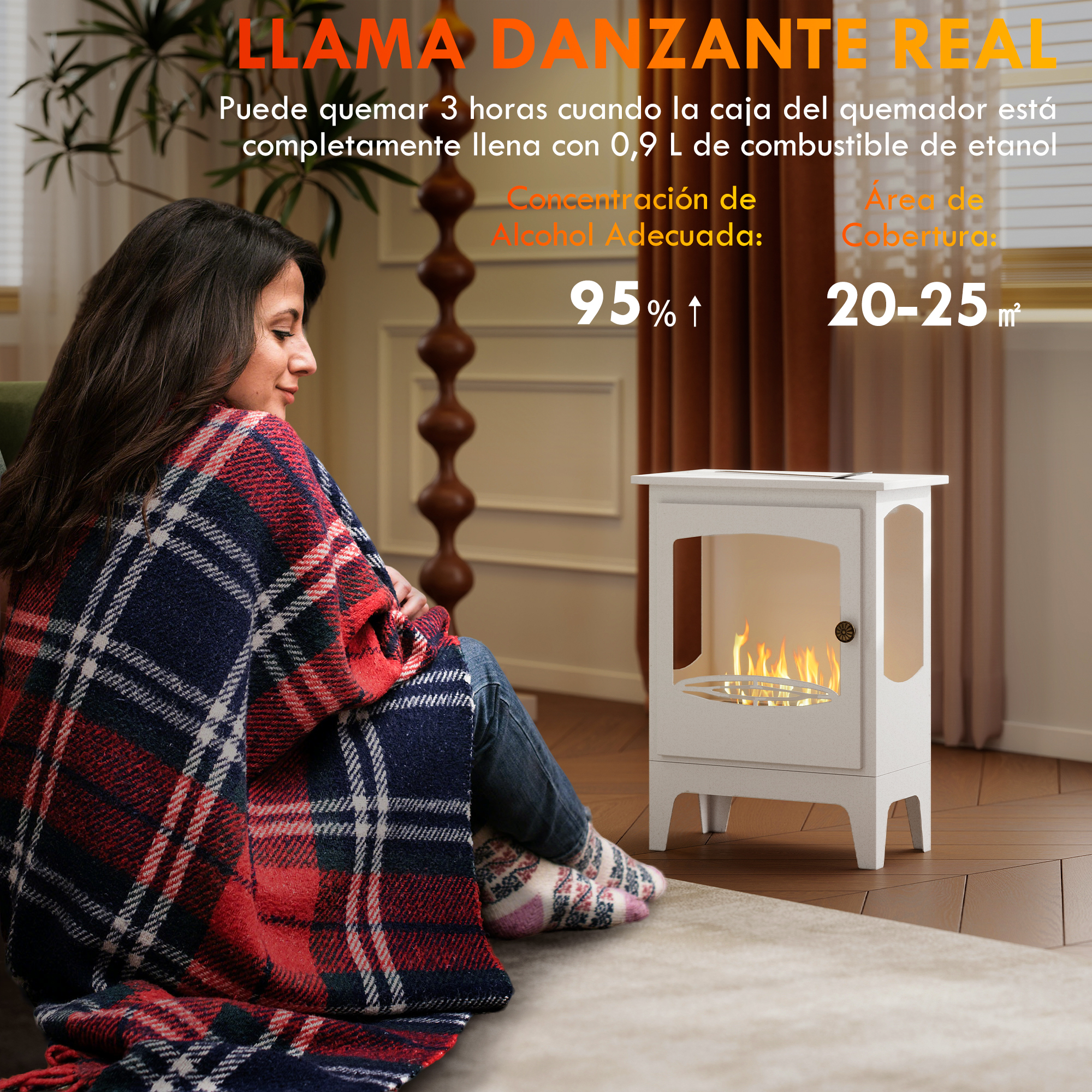 Una mujer envuelta en una manta a cuadros se sienta en el suelo junto a una chimenea de etanol blanca.